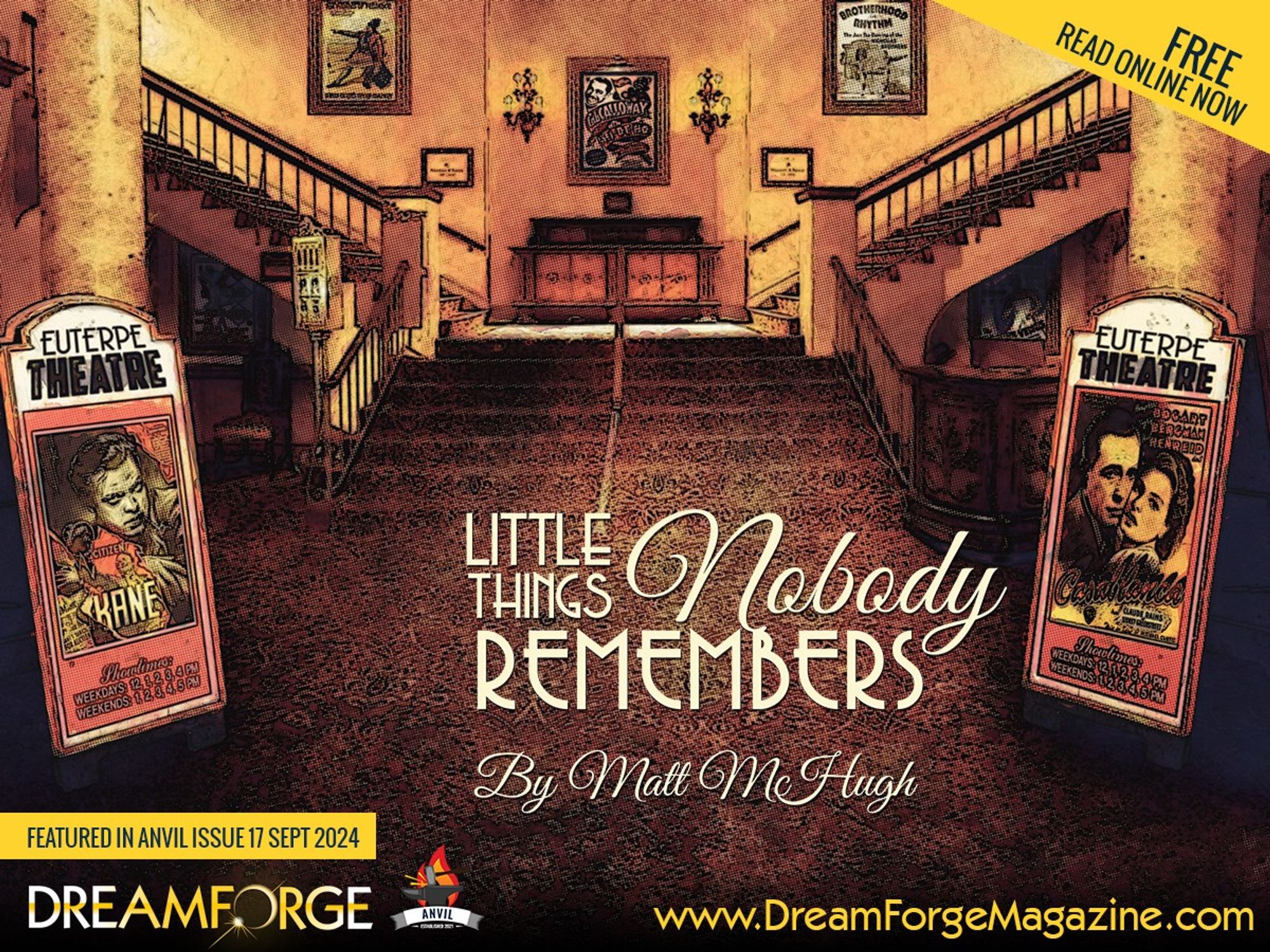 An old, dimly lit theater with a hidden room beneath. Antique props and costumes from the theater's golden era are scattered around. Overlaid text reads "Little Things Nobody Remembers" by Matt McHugh.