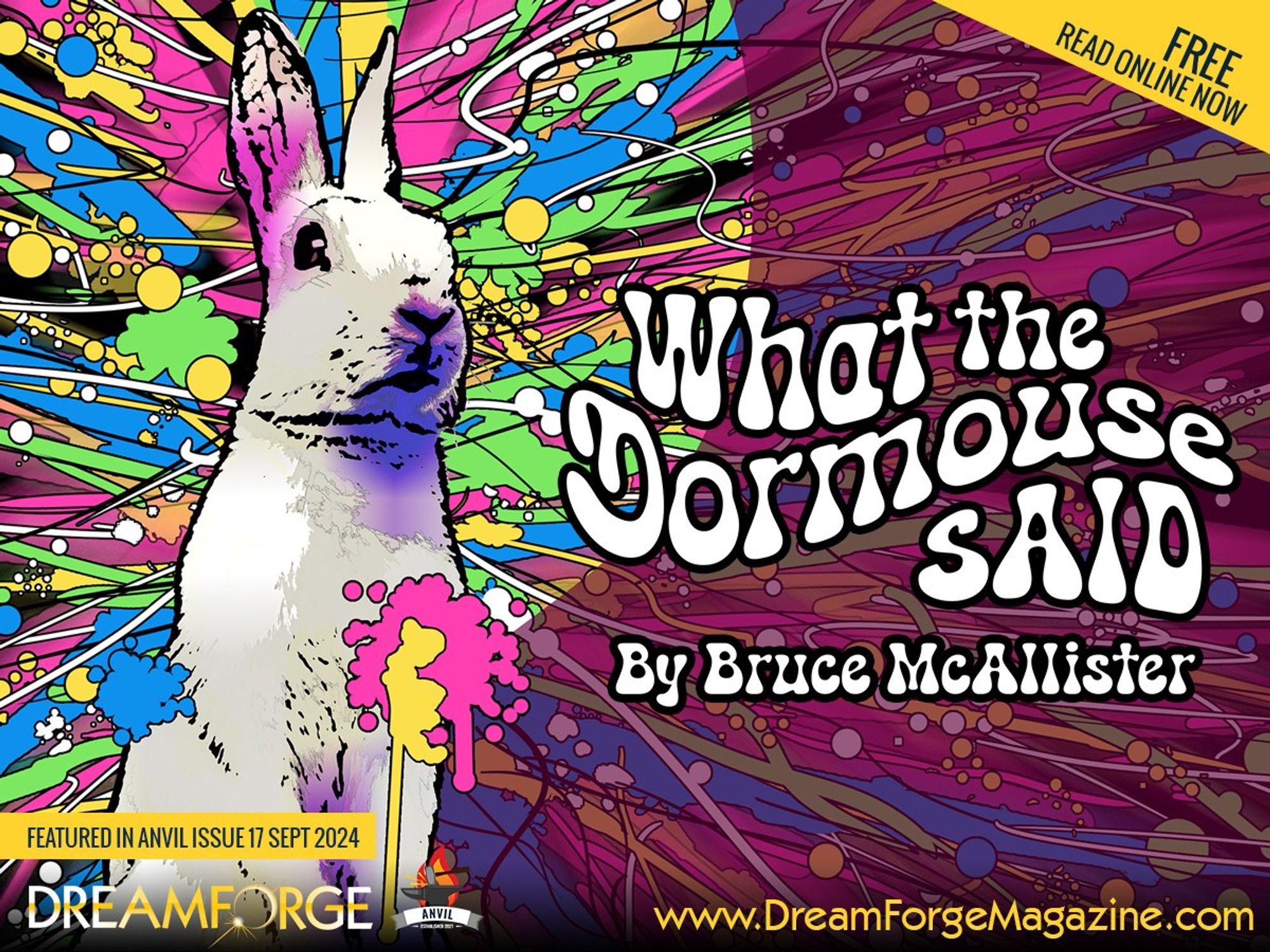 A colorful and trippy thumbnail promo image for the story "What the Dormouse Said," by Bruce McAllister.