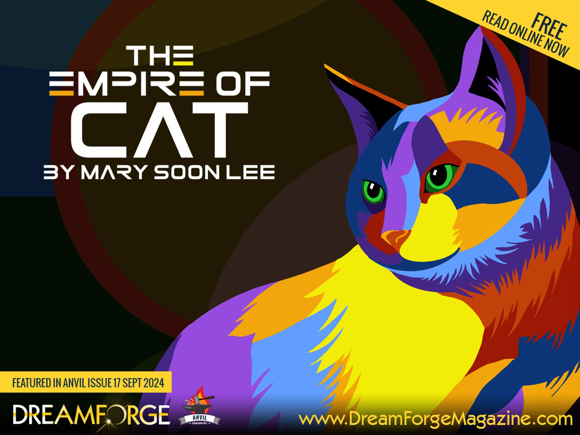 Thumbnail image: a majestic cat graphic imagined in strong, primary, multi-colors.