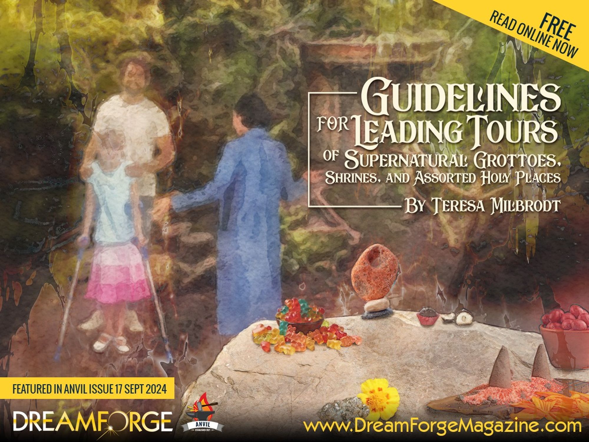 Thumbnail image of a mystical grotto interior illuminated by soft, ethereal light. Overlaid text reads: "Guidelines for Leading Tours of Supernatural Grottoes, Shrines, and Assorted Holy Places, by Teresa Milbrodt."