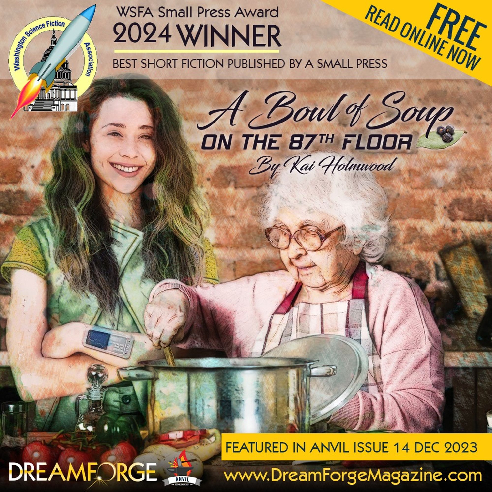 A graphic showing story art for the tale "A Bowl of Soup on the 87th Floor." The image shows a young woman watching as an older woman stirs a pot of soup.