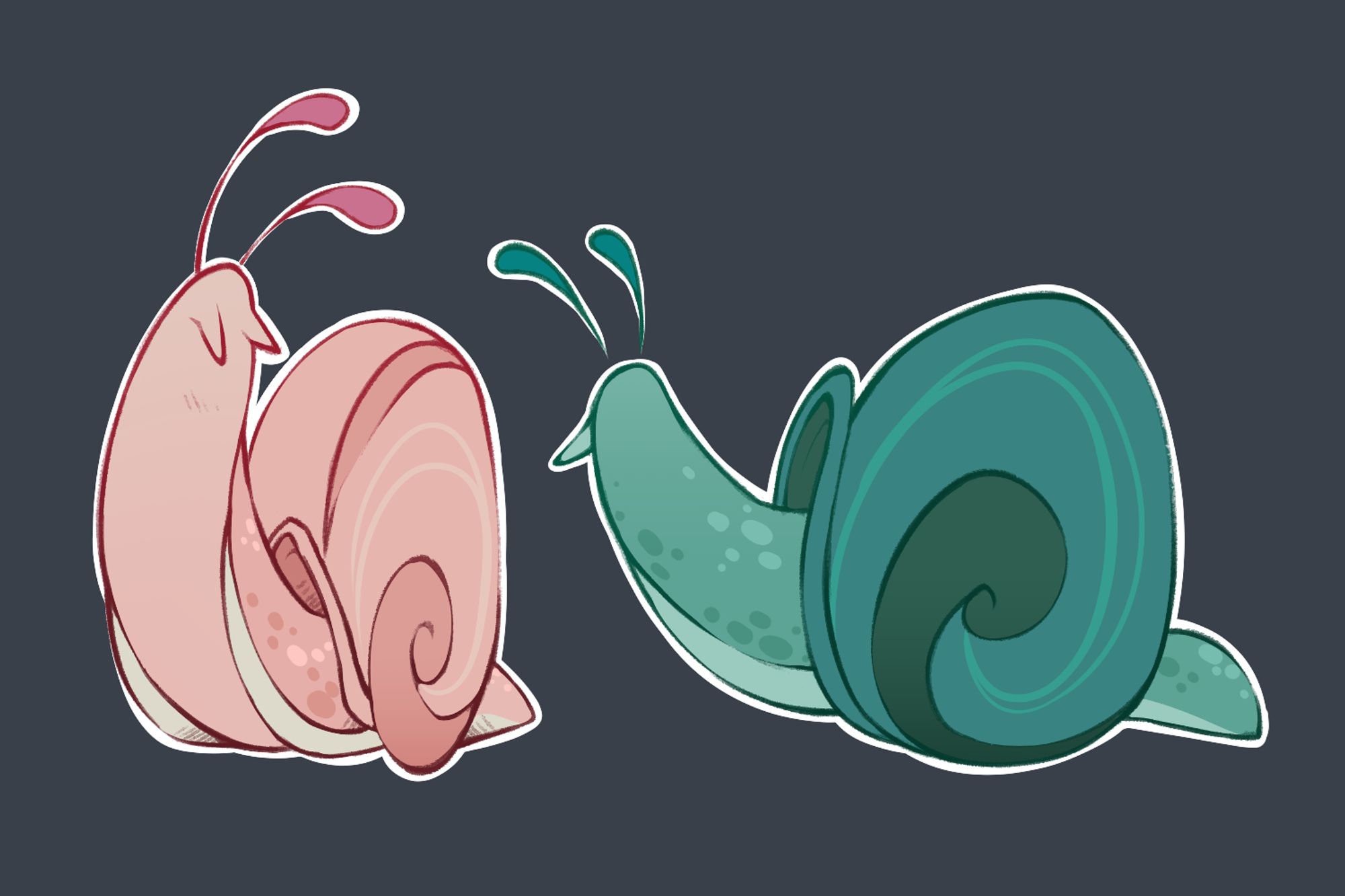 A drawing depicting two snails- one is pink, the other turquoise