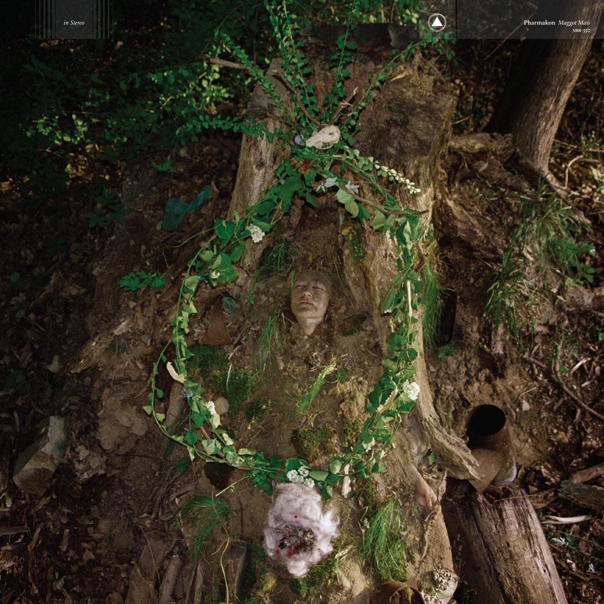 cover of Pharmakon's Maggot Mass. picture is of a corpse with a tree and moss grown around it, with a sort of ceremonial wreath around it