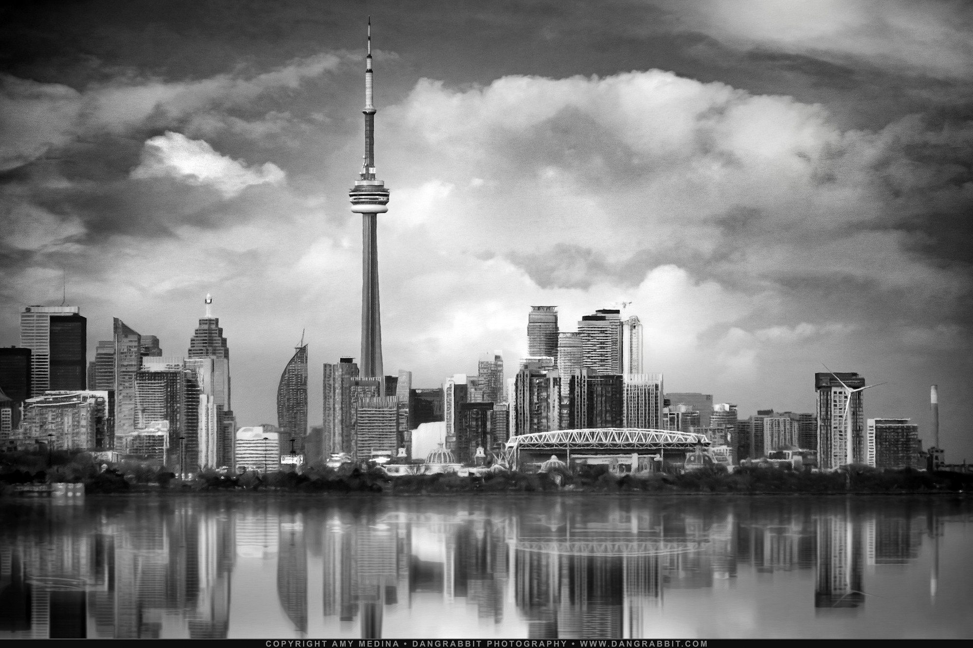 Black and white Toronto skyline. Copyright Amy Medina, DangRabbit Photography.