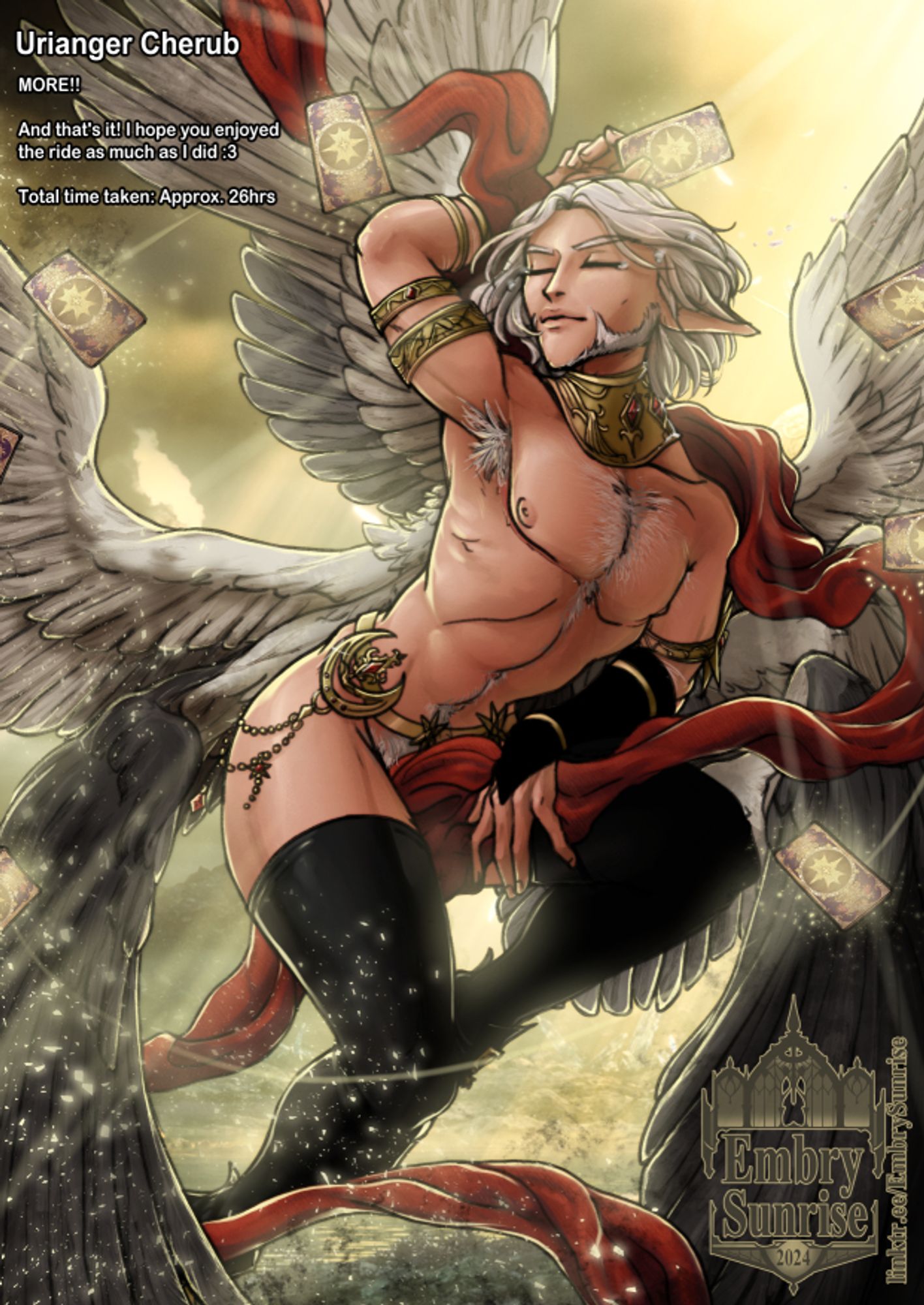 A 6-winged silver-haired elezen man wearing tights and wrapped in a red ribbon.