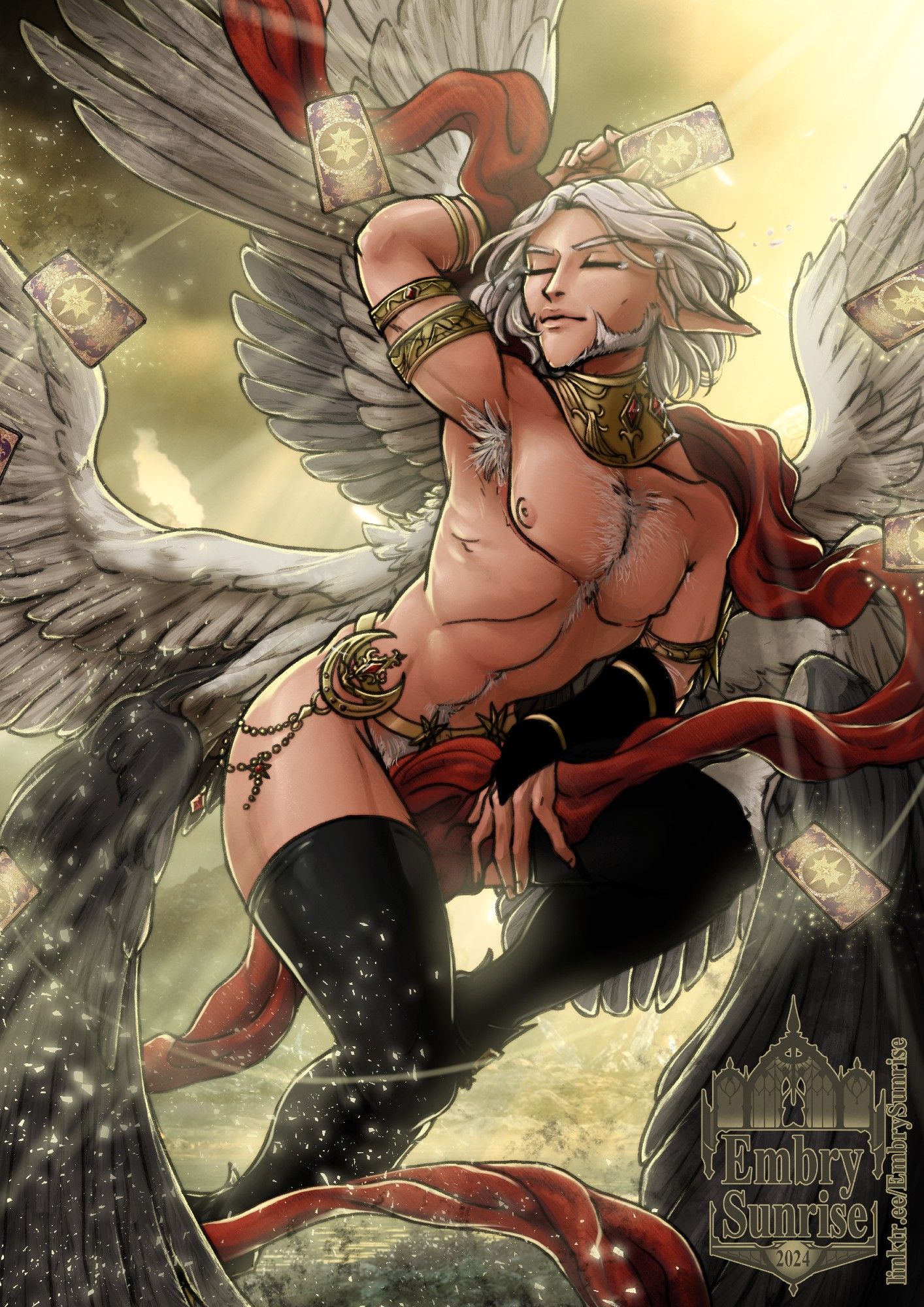 A digital painting of a white-haired Elezen trans man. He has 6 wings, is wrapped in a red ribbon, and is wearing stark black clothing and gold jewelry. He is very pretty.