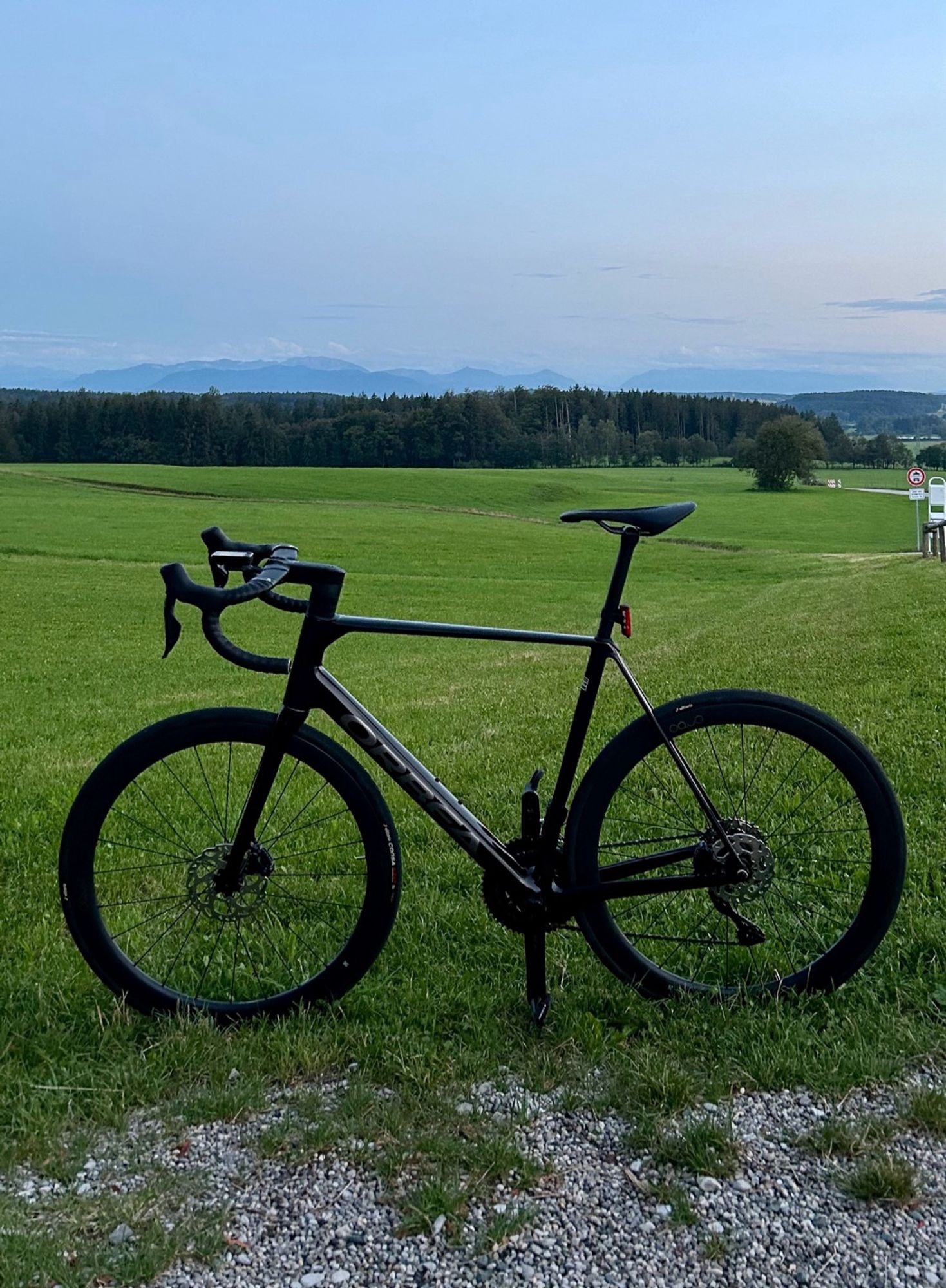 Ein Orbea Orca steht in der Wiese mit Bergblick