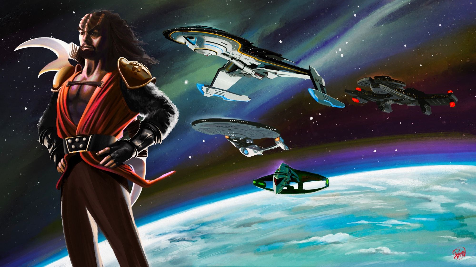 Chancellor Toral, Son of Duras painting above the Kithomer planet with the Kithomer-Class starship from Star Trek Online, Enterprise G, D’deridex and the Negh’var