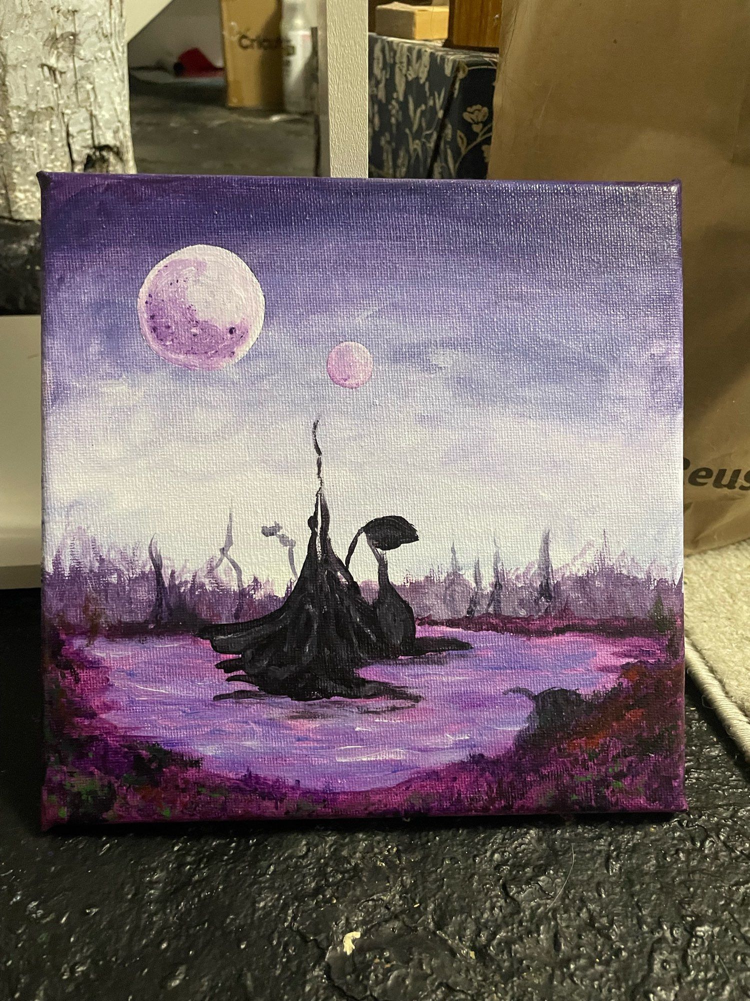 painting 6x6" of a purple swamp bog with multiple moons. alien planet and witchy vibes.