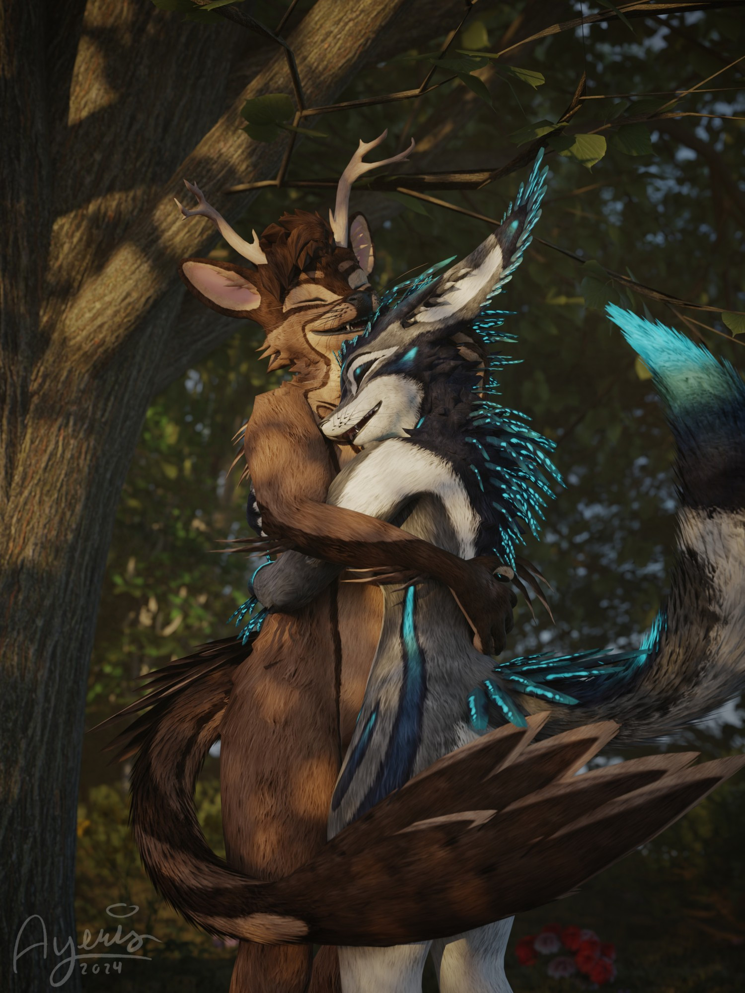 A male deer and female rexouium hugging in a park on a cozy evening.