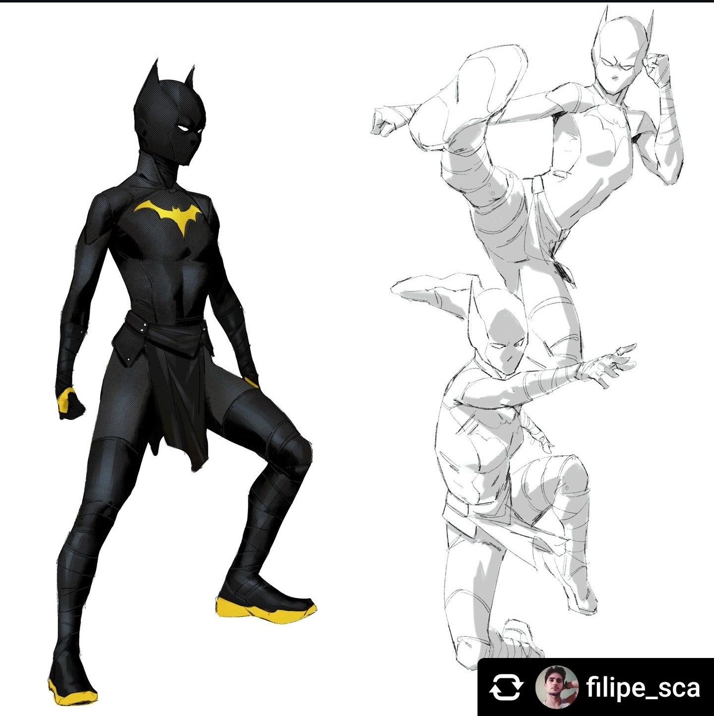 Cassandra Cain Batgirl/Black Bat/Orphan redesign by @filipe_sca on Instagram. All black costume with no cape, waist-wrap, yellow elements and bat-symbol, completely covered cowl/mask with small white eyes. Ninja vibes. 