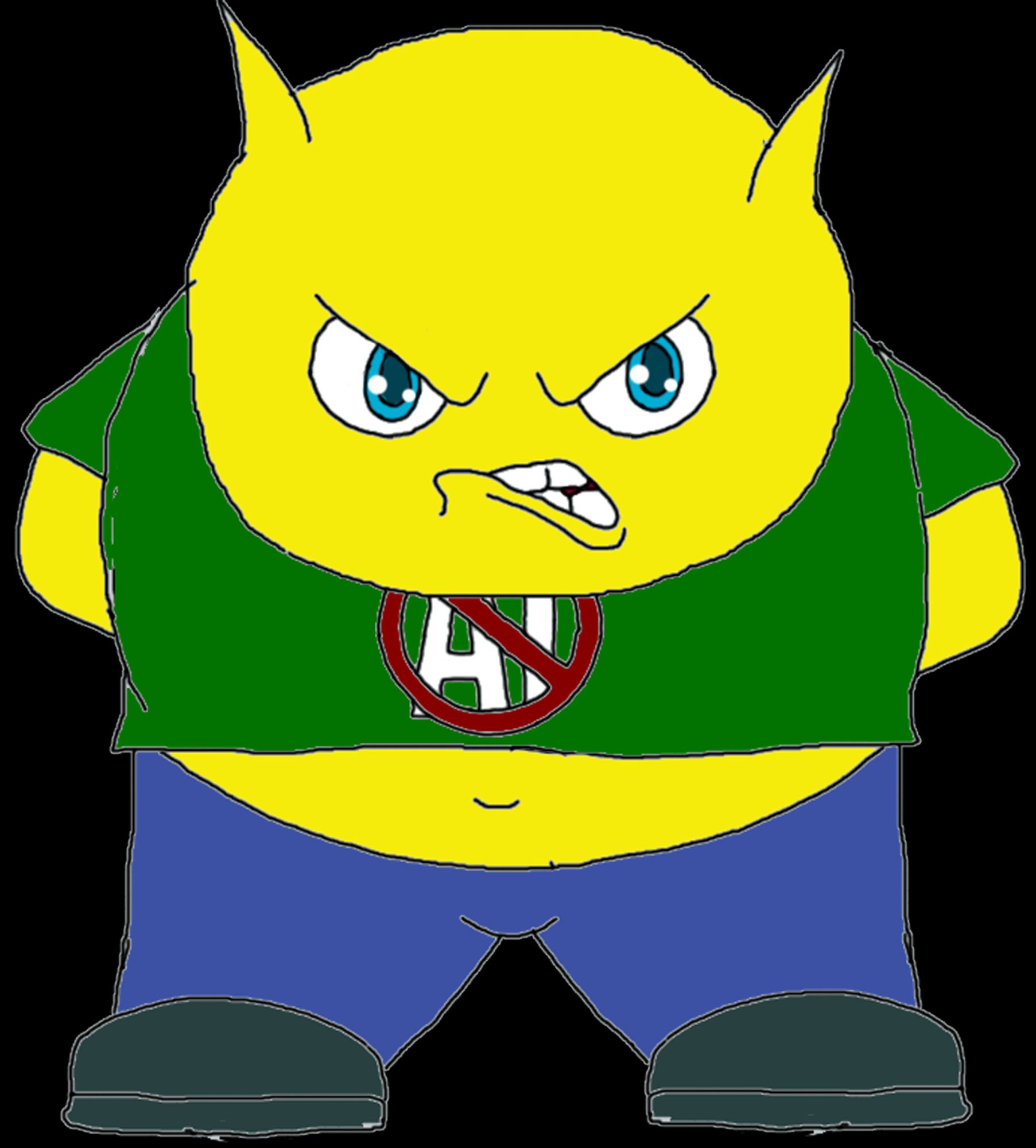 cue bean, the little yellow gremlin is wearing a green shirt, with the initials "A I" in white and a red circle with a slash on top of the letters.