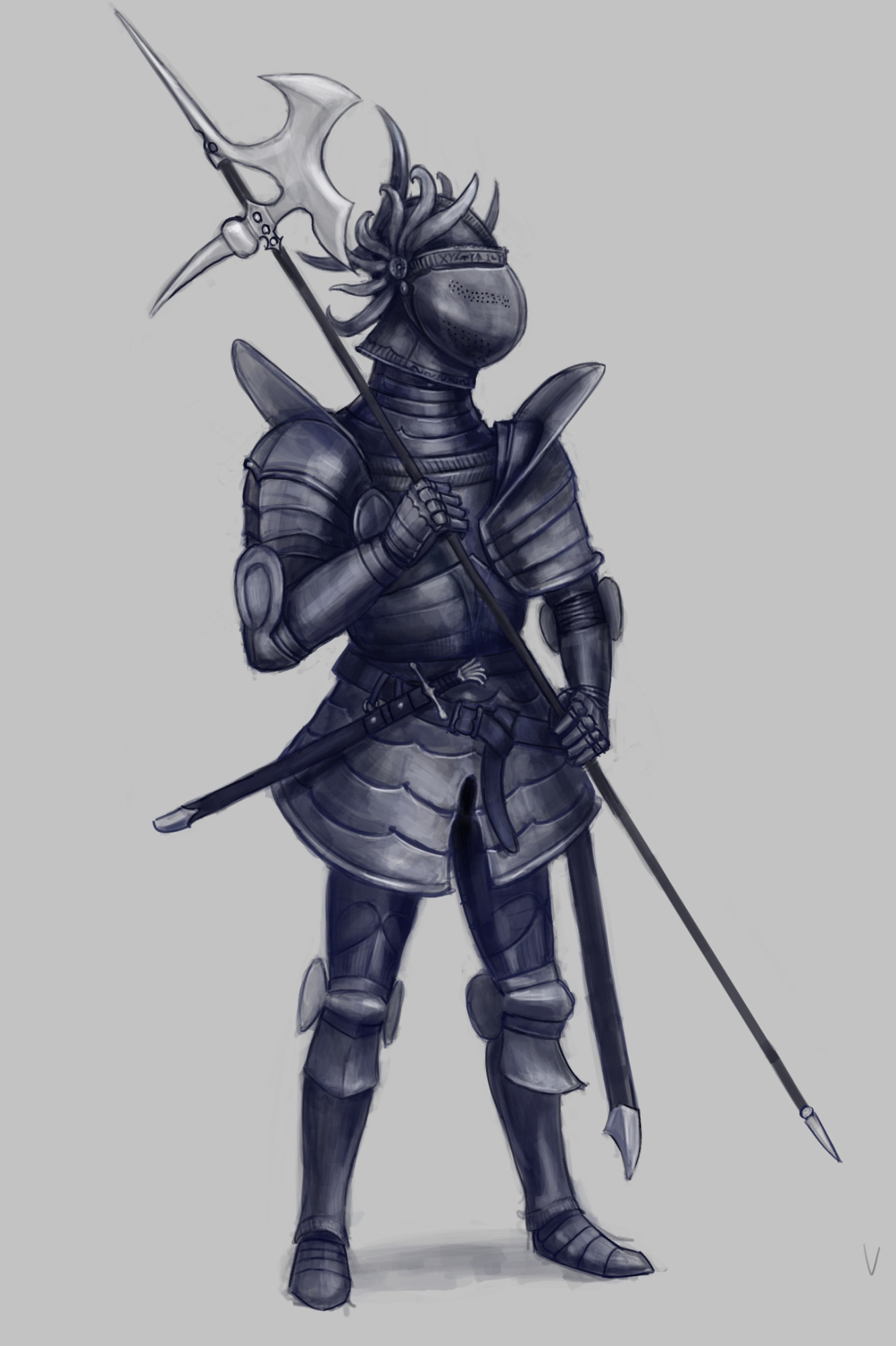 Fantasy knight in full plate armor with a polearm. Made with procreate.