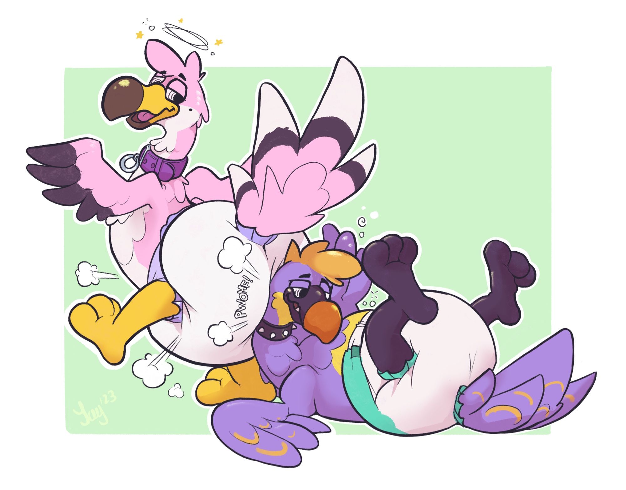 A duo of toony dodo birds in very thick diapers. One is laid on their back while the other clumsily stumbles their padded rear into their face with a noticeable cloud of baby powder.