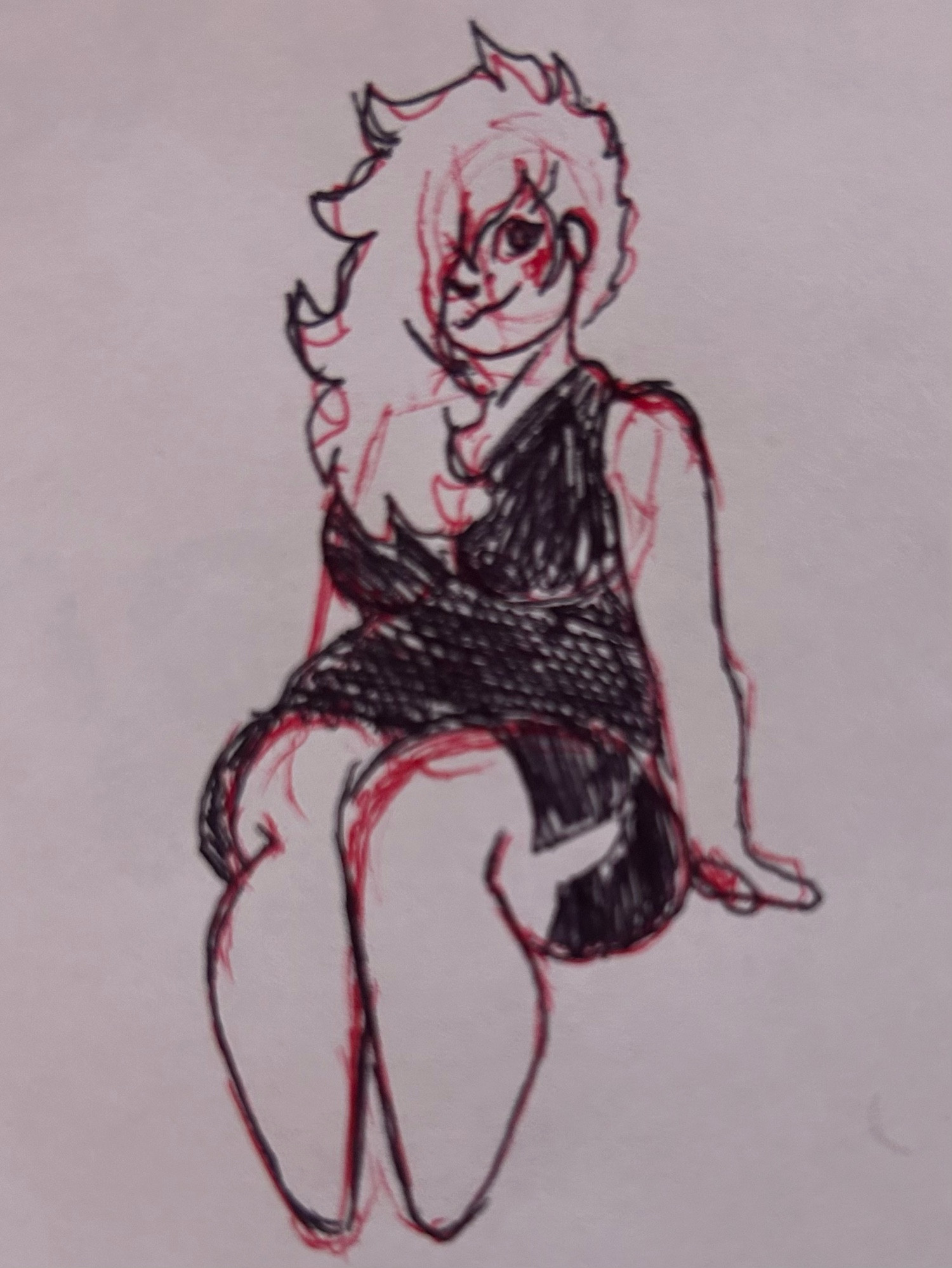 A sketch in black and red pen of the poster’s girlfriend with her long hair down and wearing black dress.