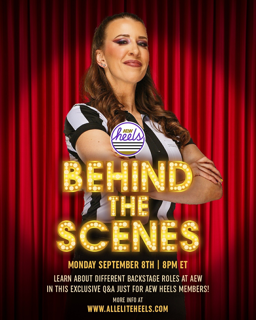 A referee standing behind the title of the event - Behind the Scenes - to be held on 9/8 at 8pm ET