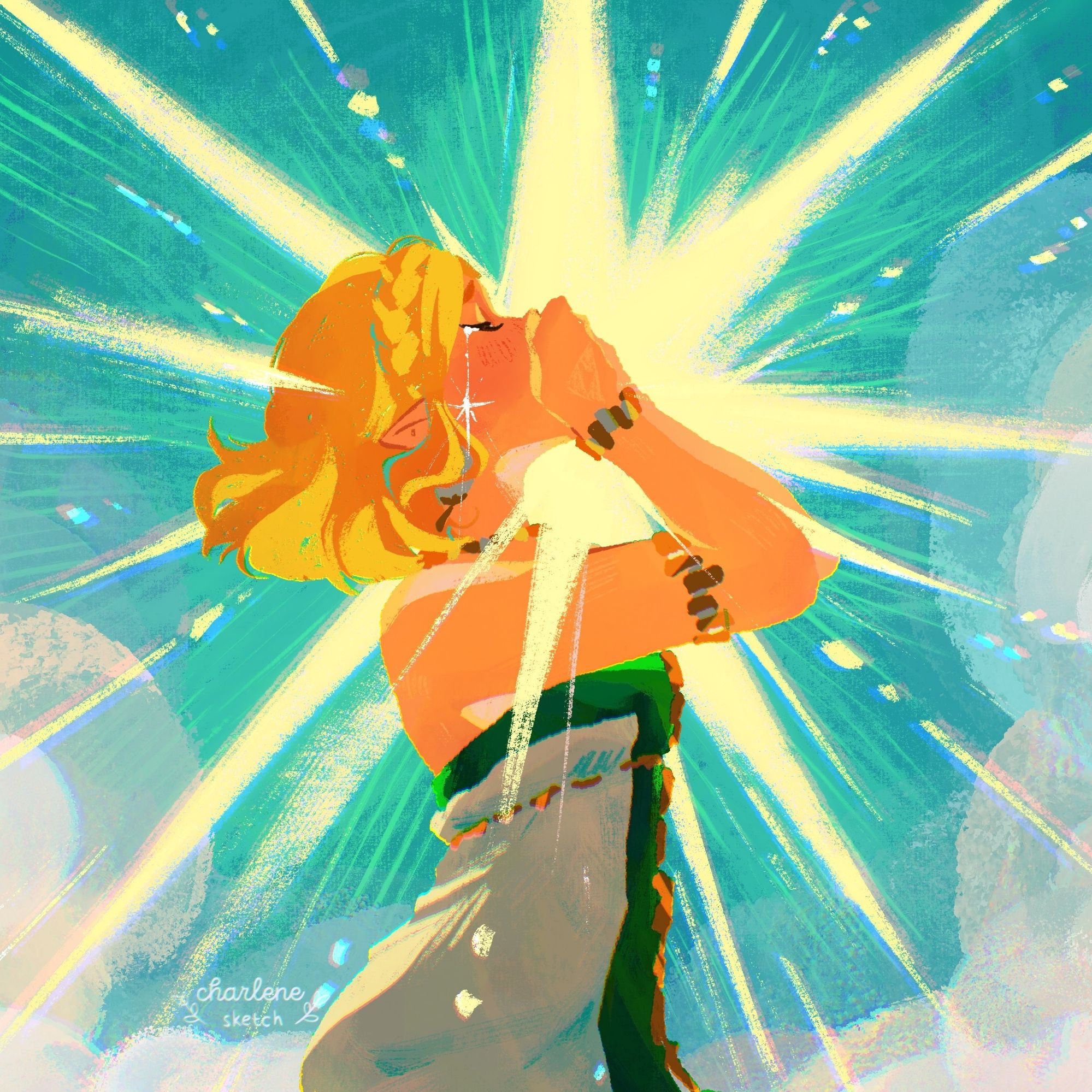 A bright light surrounds Princess Zelda in her Zonai outfit while she covers her mouth as she swallows something, and a single tear falls down her cheek. The background is of a teal blue sky with clouds.

{Legend of Zelda, Tears of the Kingdom, totk, art, fanart}