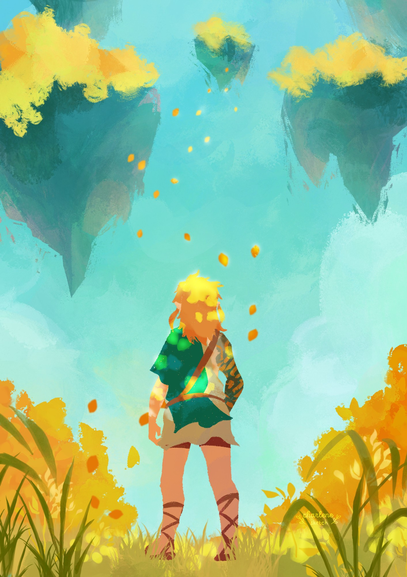 Link looks up as a trail of leaves fly away with the wind up towards floating islands in the sky.

{Legend of Zelda, Link, Tears of the Kingdom, totk, loz}