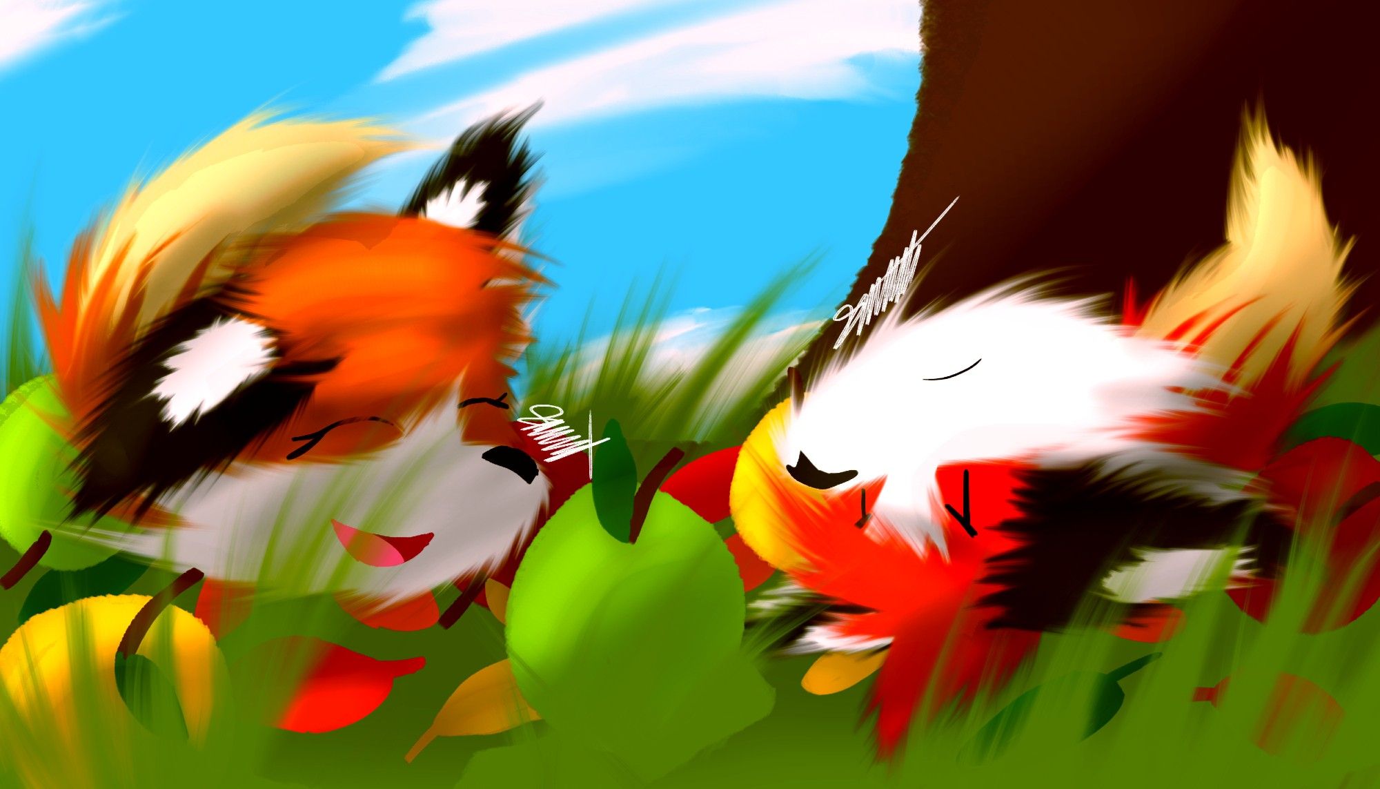 A picture of Arnold and Daisy at an apple orchard.

On the right is Arnold--- a scarlet fox doll with a white muzzle, black ears with white circles behind them, and cream colored fur on the tip of his tail. He lies on his back, embarrassed from falling from the tree and angry at his sister.

On the left is Daisy--- a burnt orange fox doll with a white muzzle and black ears with white circles behind them, and cream colored fur on the tip of her tail. She's laughing at her brother after his failed attempt at picking an apple, much to Arnold's dismay.

The ground has green grass and is covered with apple leaves of various hues that fell down with Arnold. Fresh, different colored apples are also on the ground, having fallen not to long ago.

The tree that Arnold fell from is wide, and somewhat tall.

White clouds gently float through the blue sky.