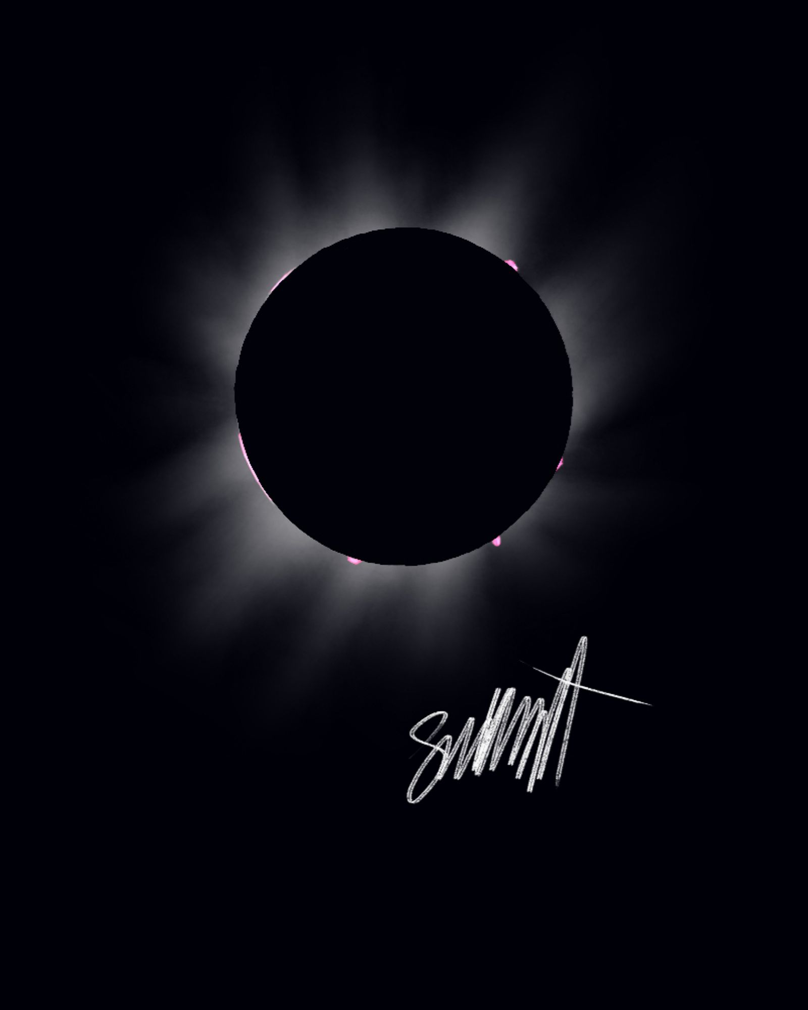 A picture of the 2024 total solar eclipse.

The new moon is in front of the sun, the sun's bright rays barely shining through. Pink-colored solar flares emerge from the sun.

As a result, the sky turns as dark as the night sky.