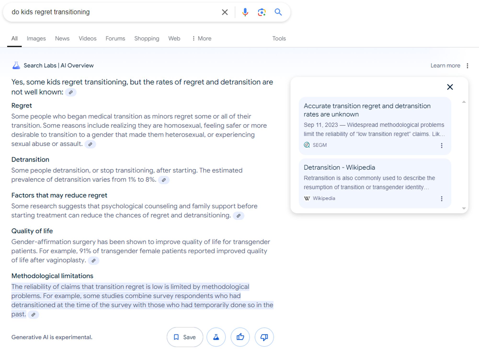 A screenshot of an AI overview page generated for a Google search titled "do kids regret transitioning." It includes some credible information, but I have highlighted a subsection titled "Methodological limitations," which claims that "The reliability of claims that transition regret is low is limited by methodological problems." In a sidebox, the source for this claim is a page on SEGM's website, titled "Accurate transition regret and detransition rates are unknown."