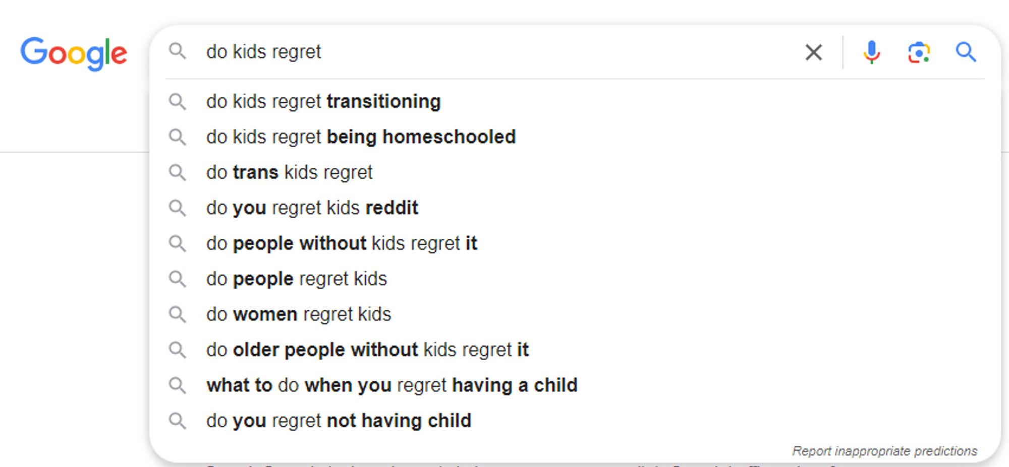 Autocomplete results from a Google search bar. The text is "do kids regret," and the first result is "transitioning," followed by "being homeschooled."