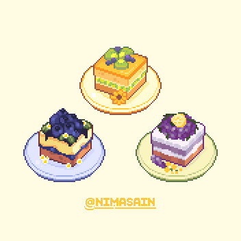 three square cakes in pixel art style, the first one is yellow cake with kiwi fruit, the second one is cheesecake with blueberry topping, and the third one is purple cake with white cream and lavender decoration