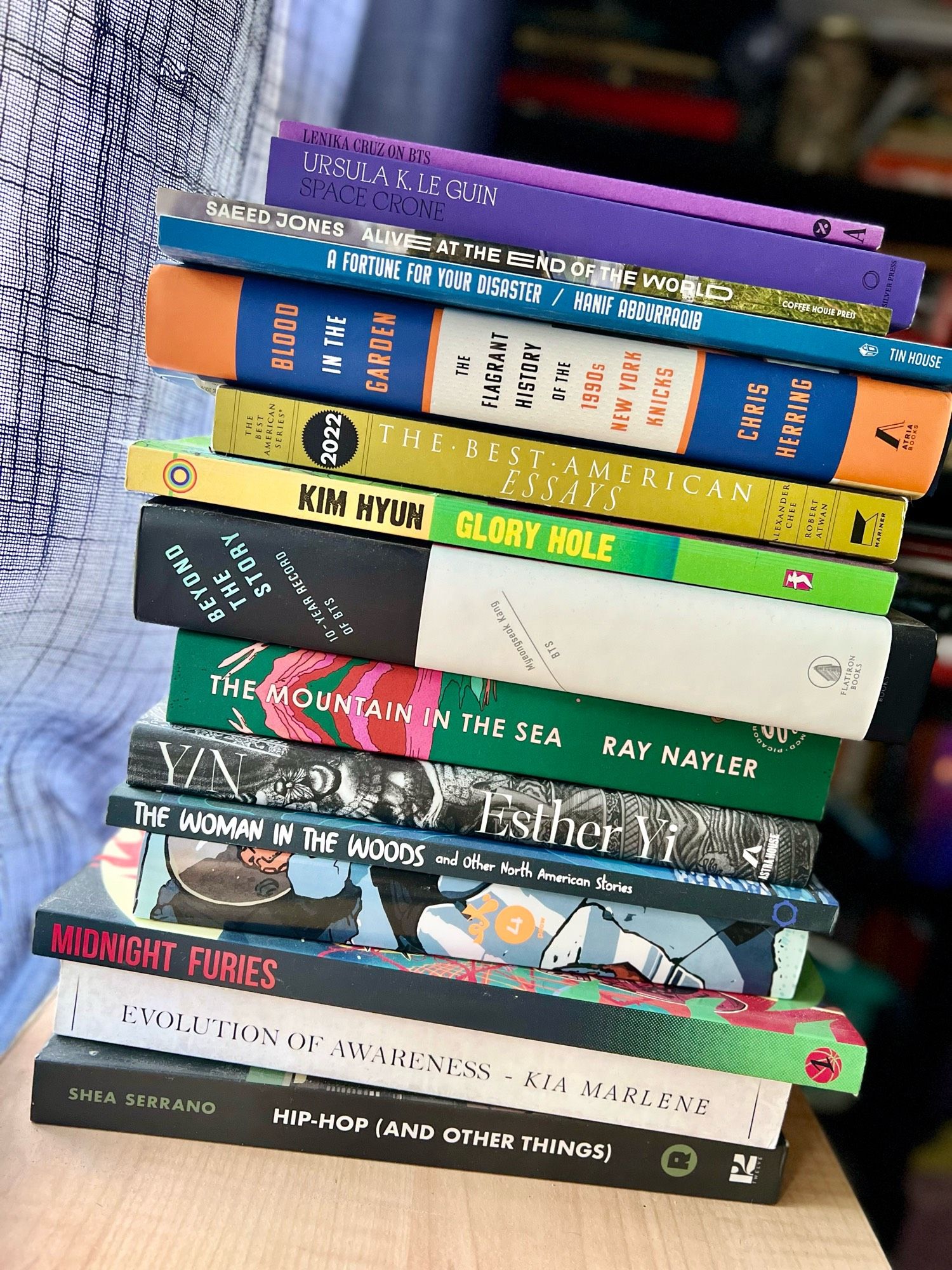 stack of books on top of a small bookshelf. some fiction, some nonfiction, some essays, some poetry, some graphic novels.