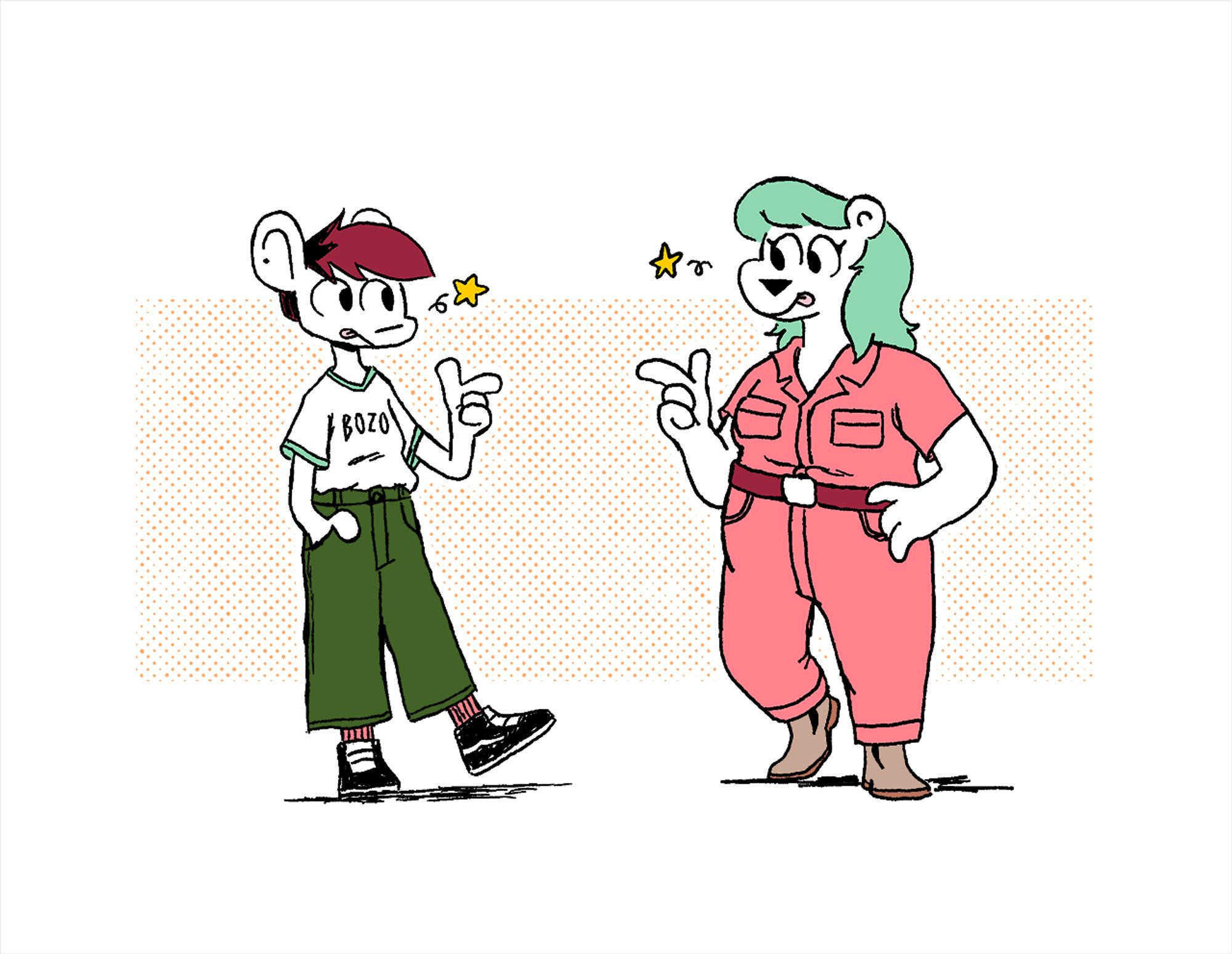 a drawing of Autumn and Summer from Nothing Doing sticking their tongues out and smiling at each other. Autumn is wearing a loose t-shirt that reads "Bozo," high-waisted pants, and Vans with green tones that match Summer's hair. Summer is wearing a pink jumpsuit with a belt in boots in red/pink tones to match Autumn's.