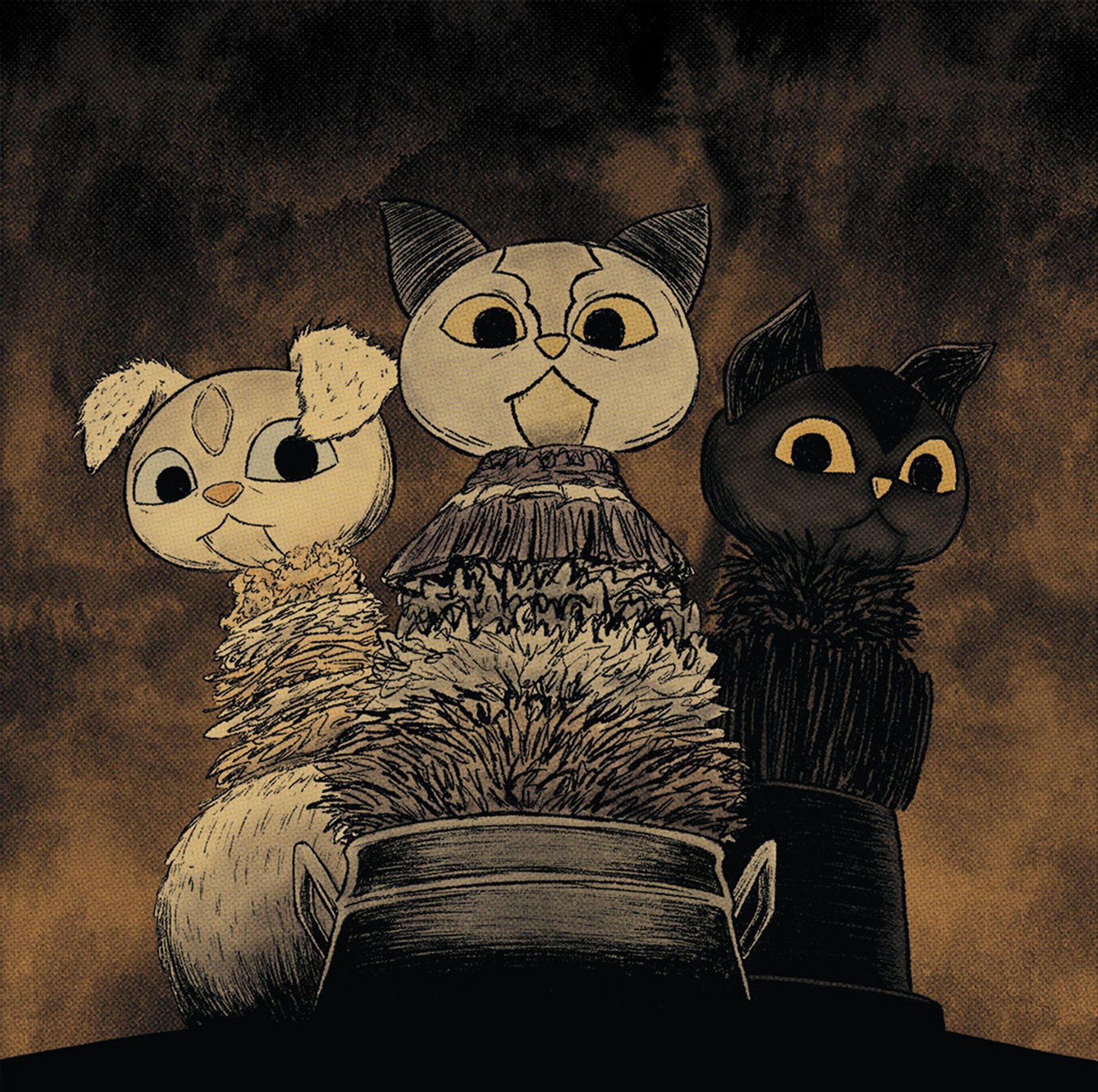 Digital drawing of a trio of homemade cat puppets looking ominously toward the viewer