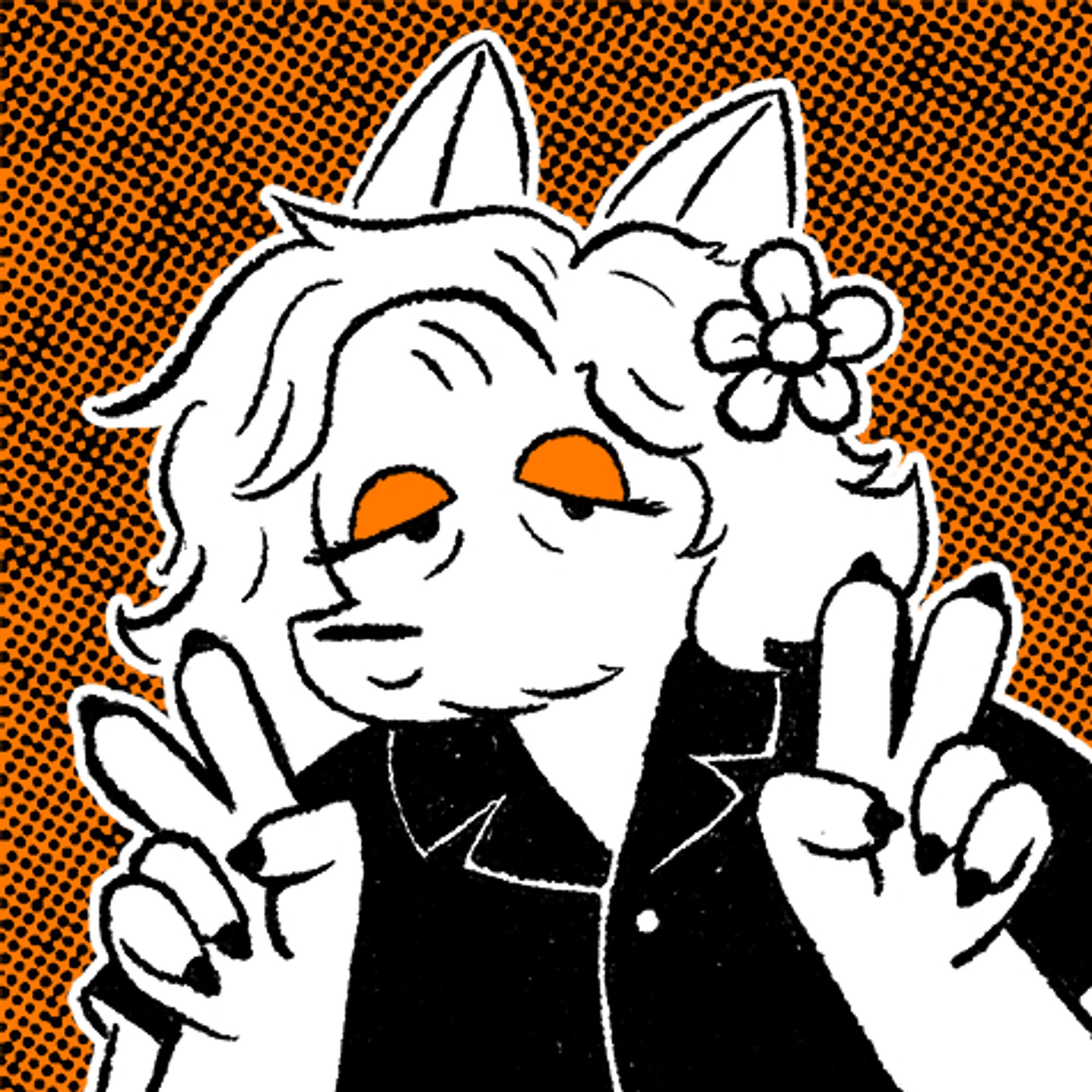 a drawing of my fursona with orange eyeshadow, black nails and a little flower in their hair