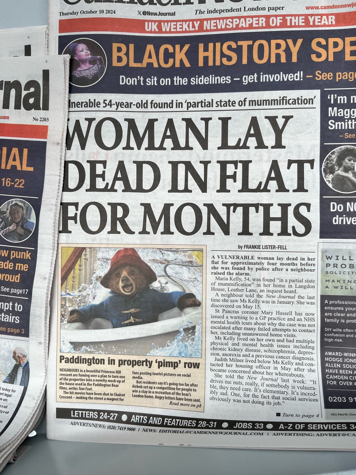 WOMAN LAY DEAD IN FLAT FOR MONTHS headline UK paper