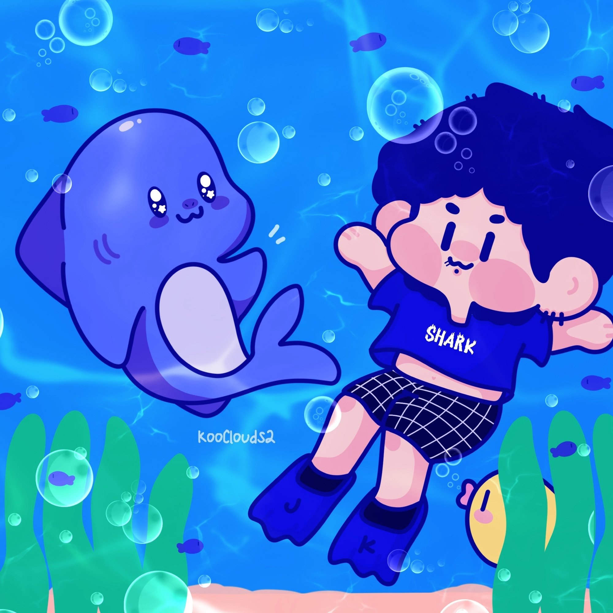 Chibi jungkook from bts smiling cutely at a purple shark underwater. Purple fishies are swimming around the two best friends. Jungkook has a blue shirt that says shark on it and blue flippers.