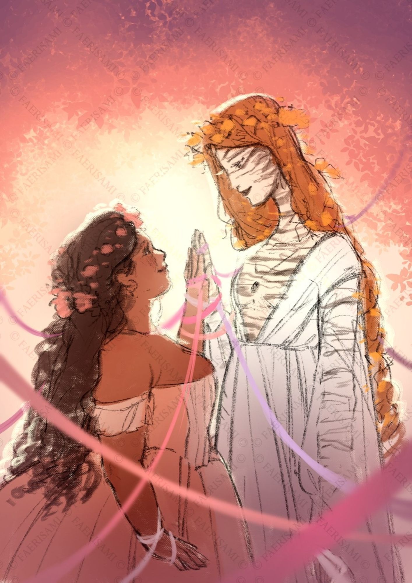 To the left, a black woman wearing a pink historical dress. To the right, a birch tree dryad wearing a white dress. They hold hands and look at each other.