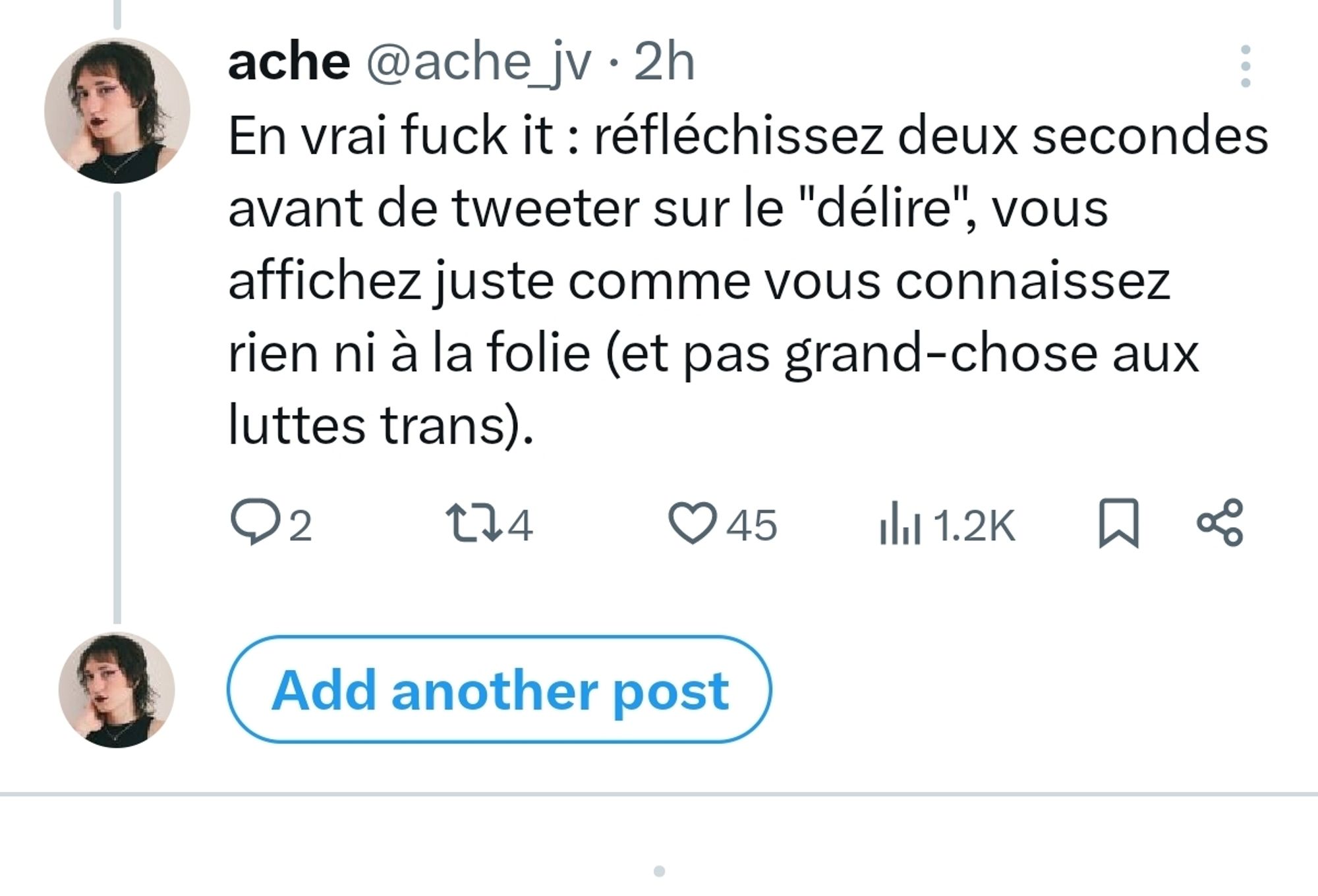 En vrai fuck it : réfléchissez deux secondes avant de tweeter sur le "délire", vous affichez juste comme vous connaissez rien ni à la folie (et pas grand-chose aux luttes trans).