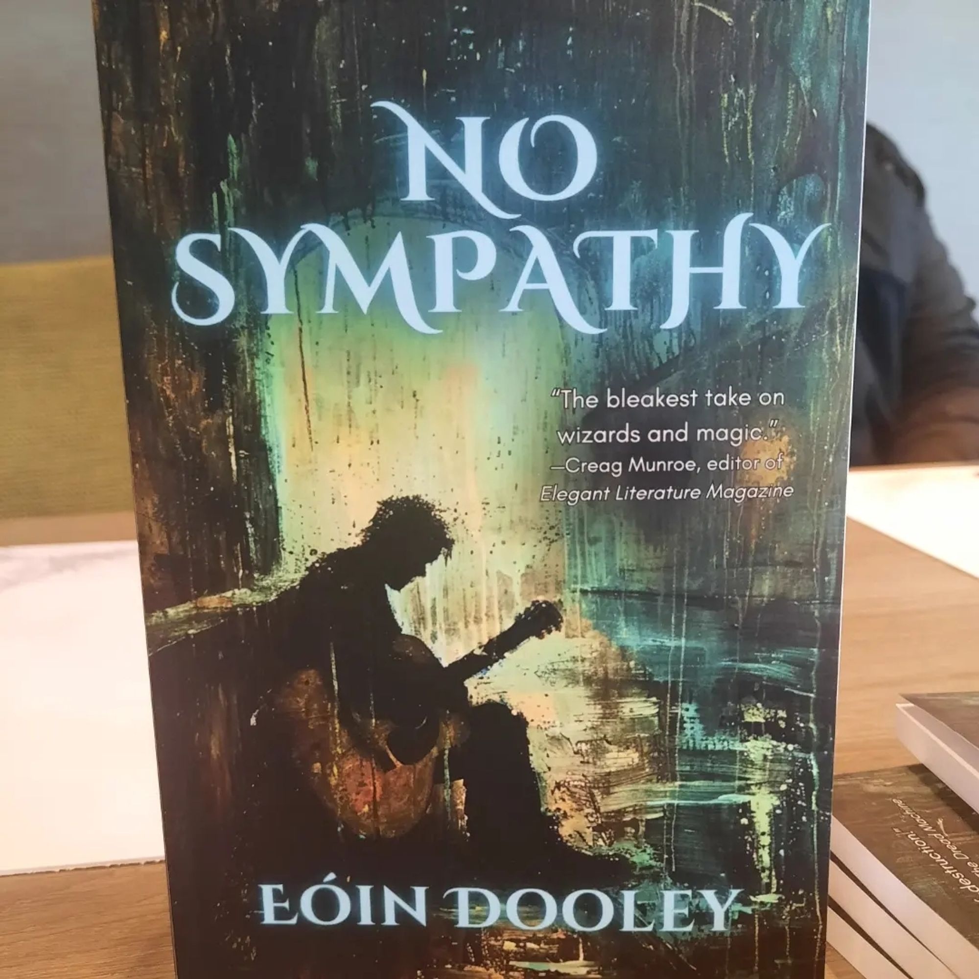 Copy of book No Sympathy but Eóin Dooley. Cover has a man playing guitar on the street in the rain.