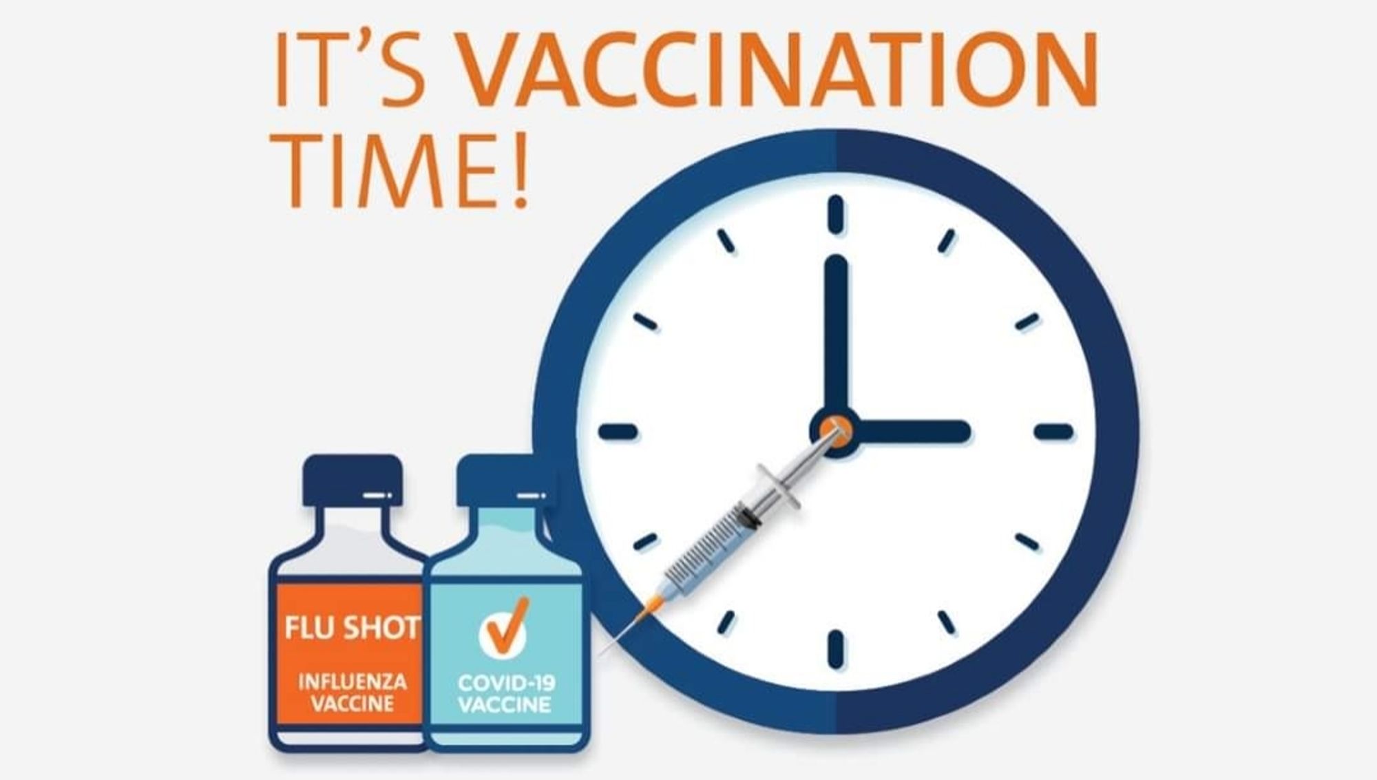 Banner stating "It's Vaccination Time." A clock face with a syringe located the clock face points towards two vials labelled Flu Shot and the other Covid-19 Vaccination.