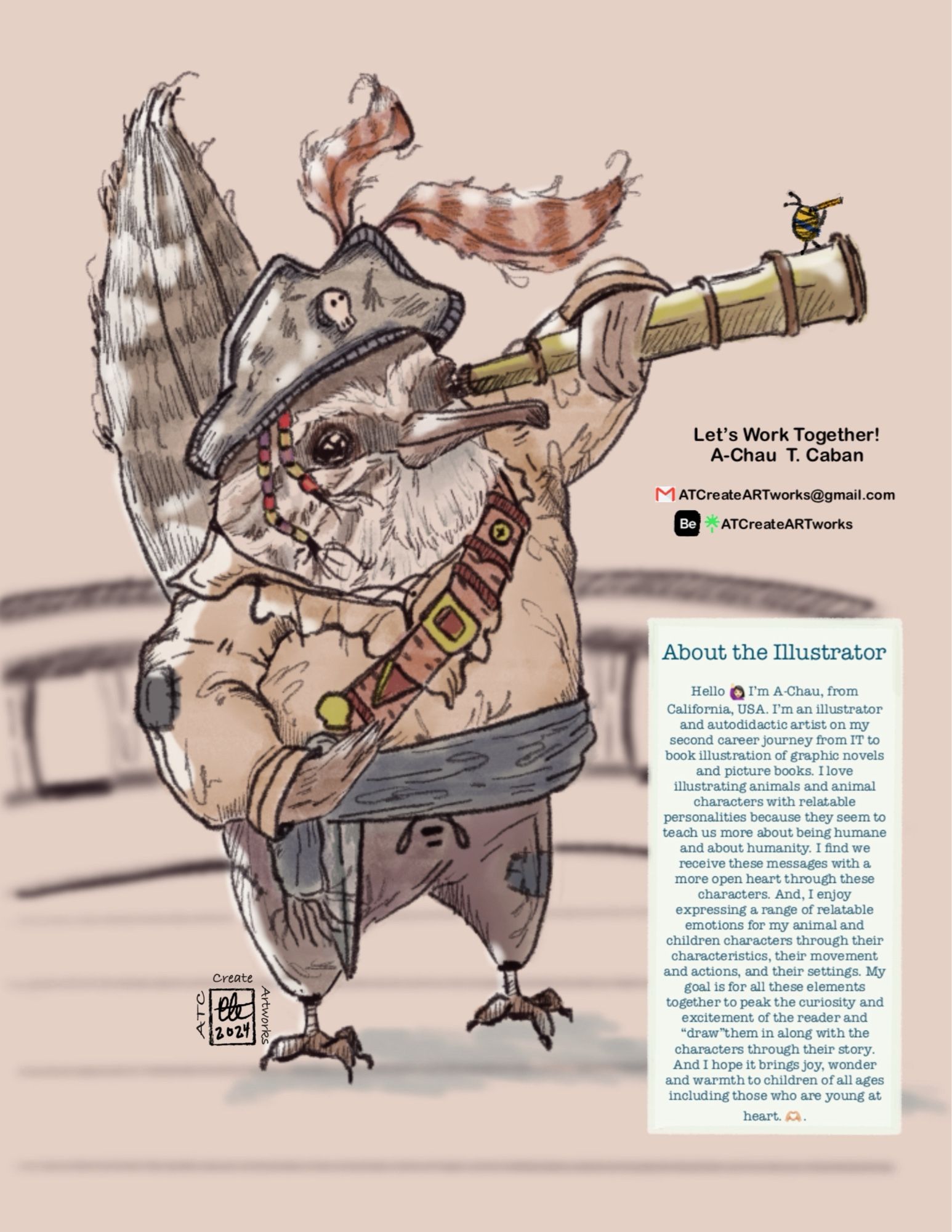 An illustration of Captain Wren, a kind bird pirate looking through his telescope searching for new adventures. The colors are neutral realistic of historical pirates with patches, belts, dagger and beads on his head plus a pirate hat.