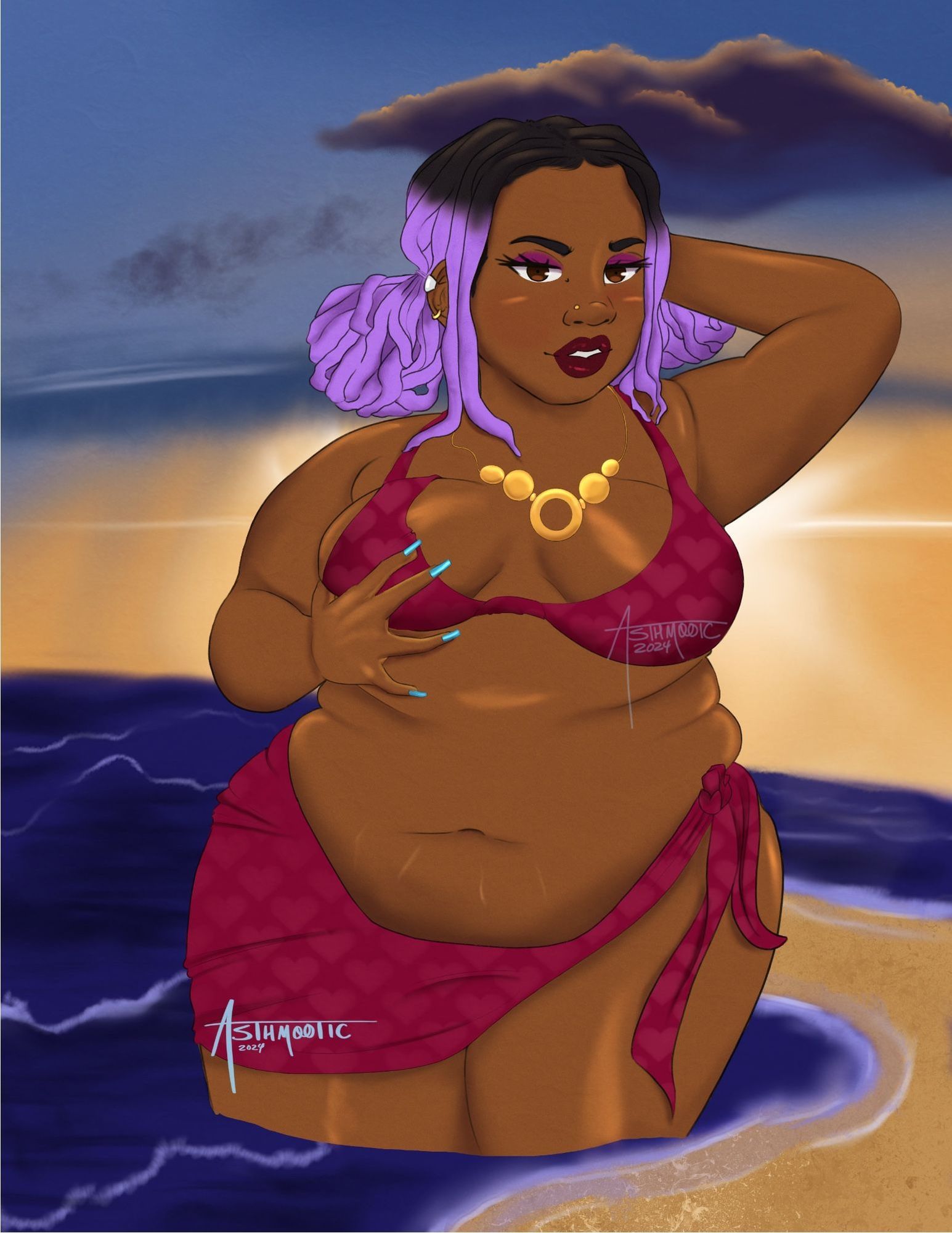 Image: Illustration of a smiling black, fem-presenting individual from the thighs up. She has light purple locs. Her bikini is dark red with lighter red heart pattern. In the background is a beach during sunset.