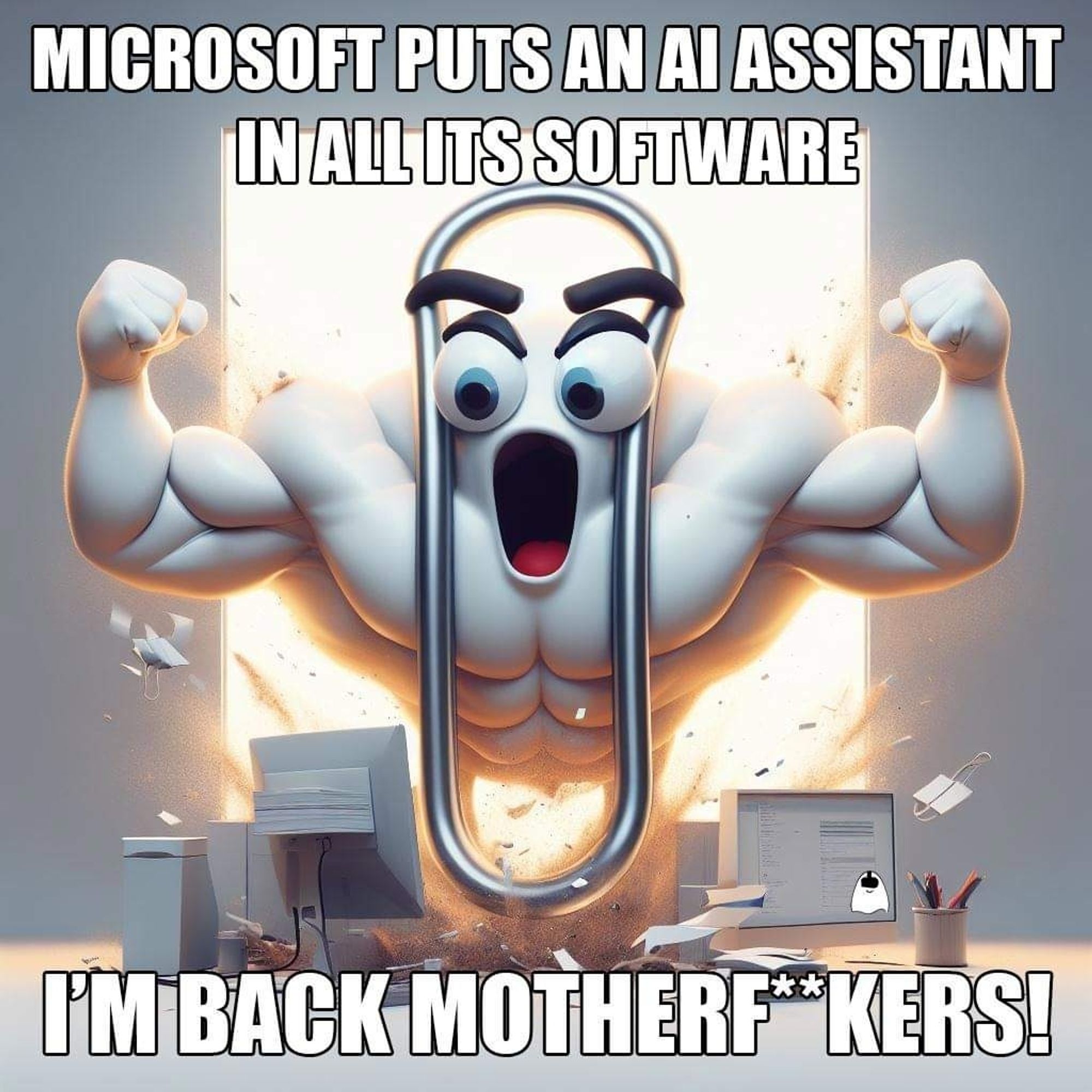 A meme showing a muscular Clippy