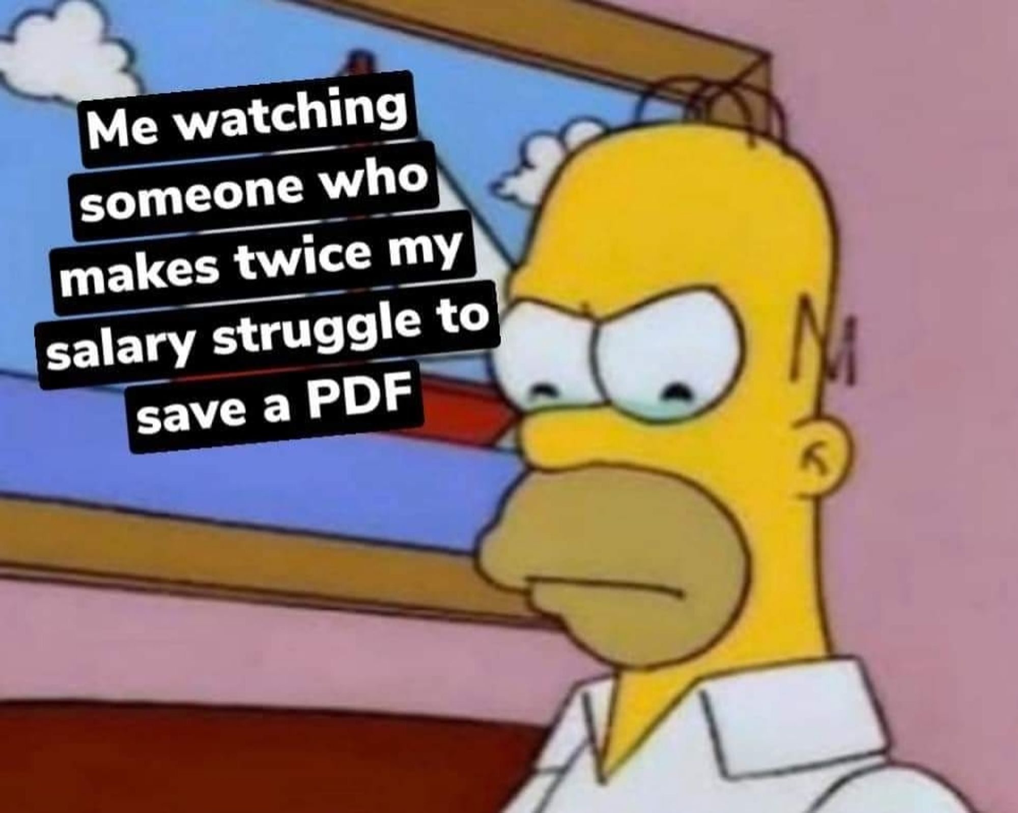 Meme of an annoyed Homer Simpson with the quote, "Me watching someone who makes twice my salary struggle to save a PDF"