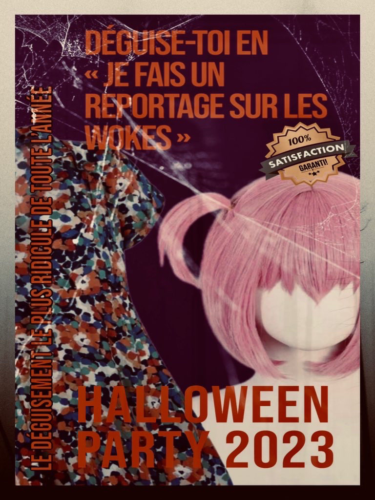 Publicité pour un cosplay de journaliste au point faisant un reportage sur les wokes pour fêter Halloween, le déguisement le plus ridicule de toute l’année avec une robe à fleurs et la célèbre perruque rose. Le 100% satisfaction est garanti.