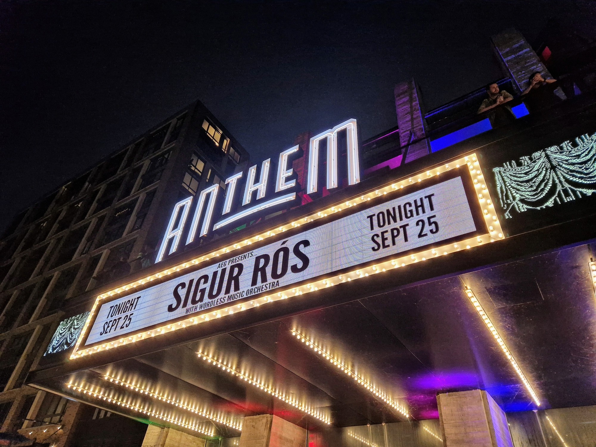 Outside of venue. Old fashioned lettering on sign reading 'Sigur Rós' tonight