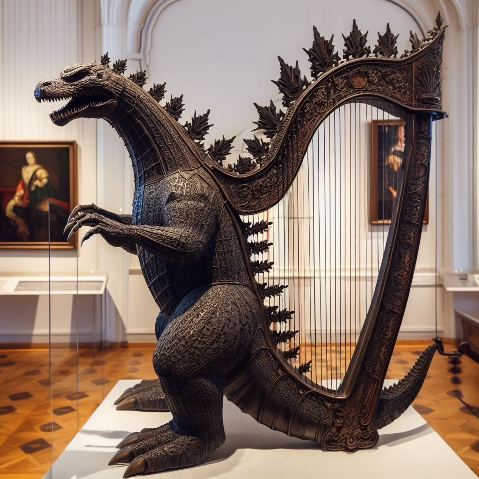 A bronze statue of Godzilla that is also a harp somehow