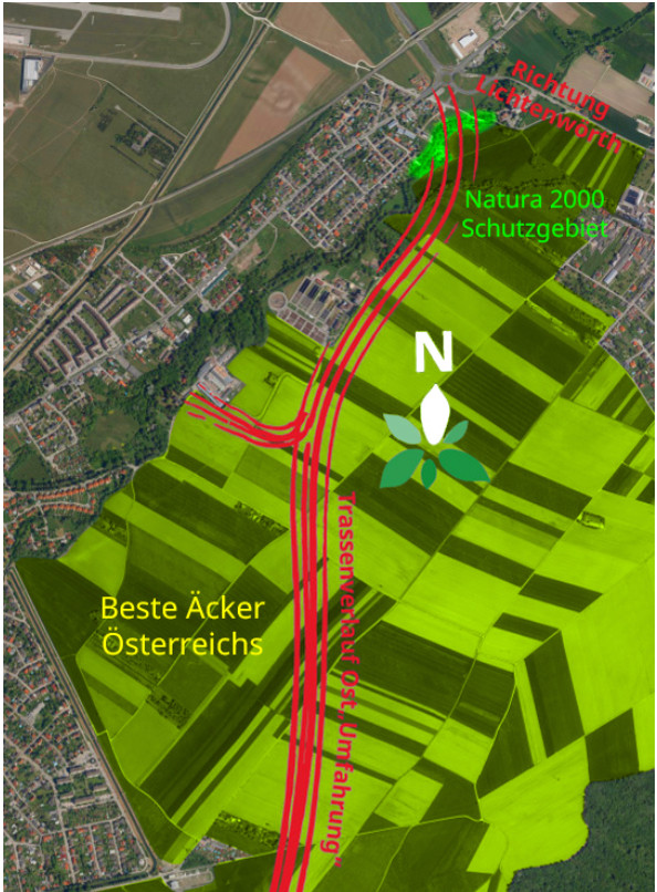 Karte der Äcker zwischen Wiener Neustadt und Lichtenwörth, eingezeichnet der Trassenverlauf der geplanten "Ostumfahrung" sowie das Natura2000-Schutzgebiet,  Quelle https://www.vernunft-statt-ostumfahrung.at