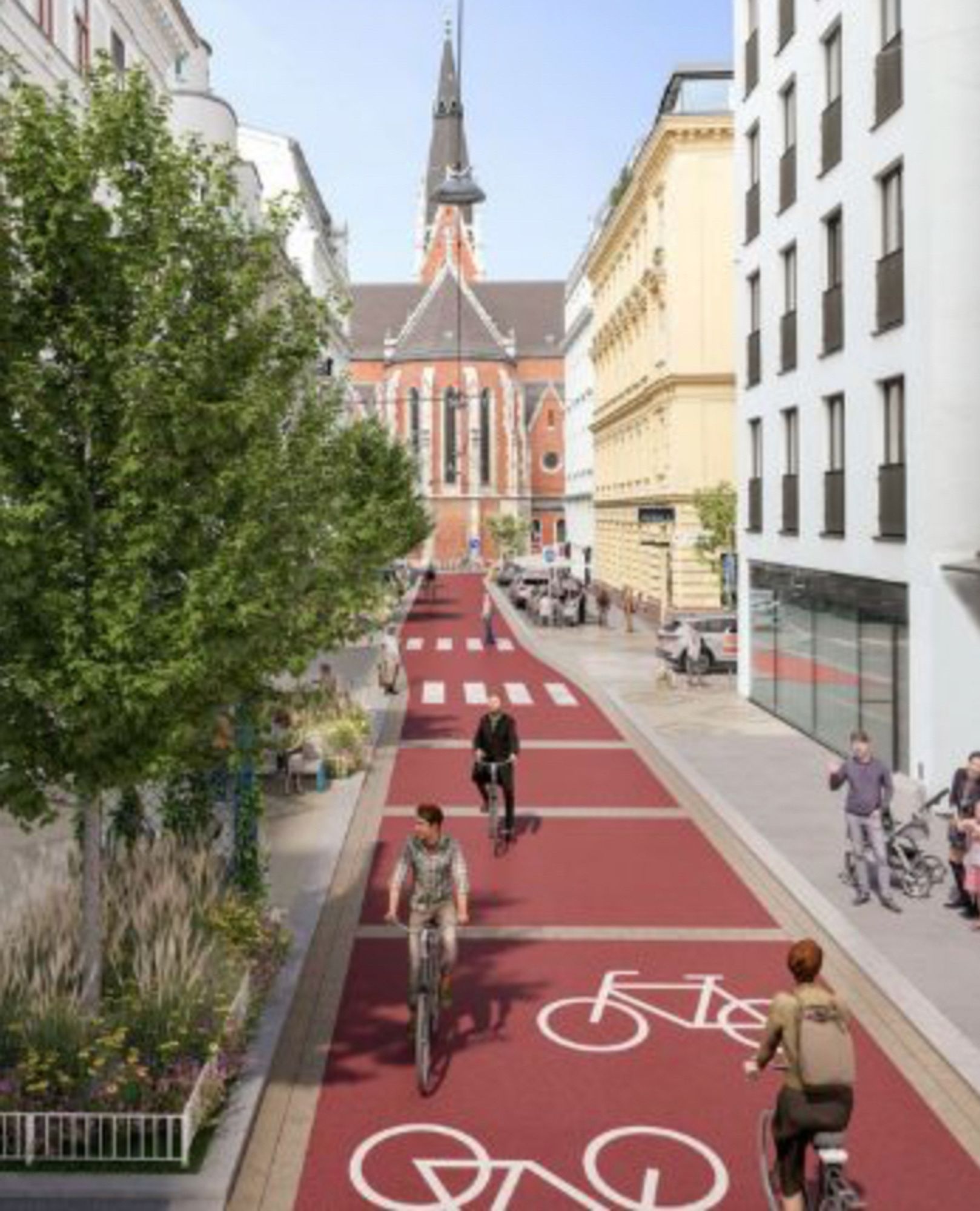 Rendering aus der Ankündigung der Fahrradstraße Argentinierstraße, selbe Perspektive wie das andere Foto. Zu sehen eine breite rote Fahrbahn, auf der ausschließlich Fahrräder unterwegs sind.
https://www.fahrradwien.at/2023/04/25/ein-bisschen-amsterdam-in-wien-argentinierstrasse-wird-zur-fahrradstrasse/