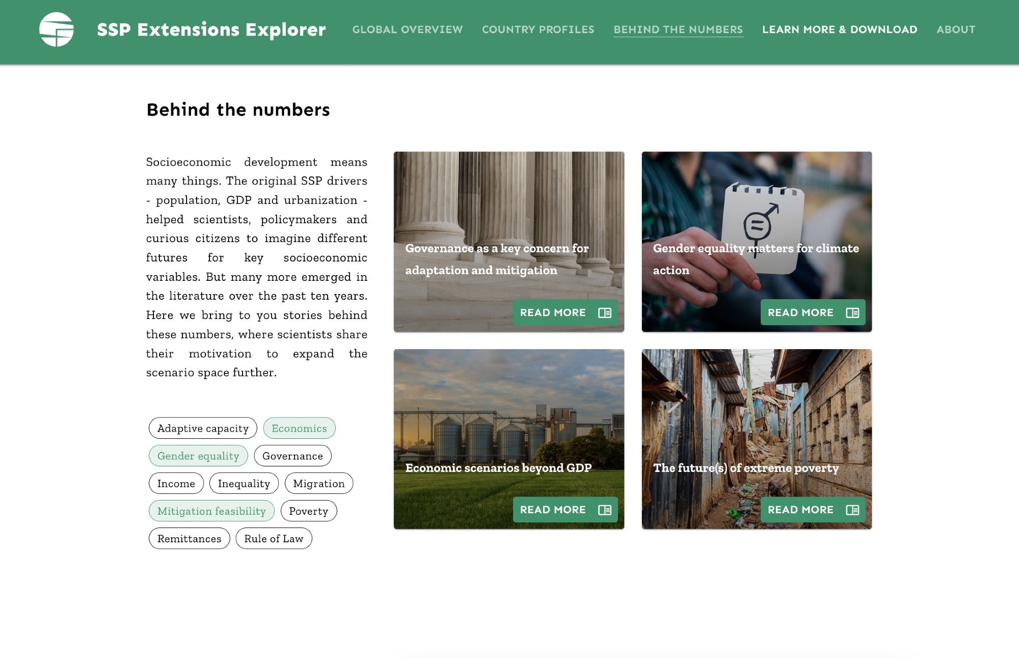 Overview of "Behind the numbers" stories presented in the SSP-Extensions Explorer