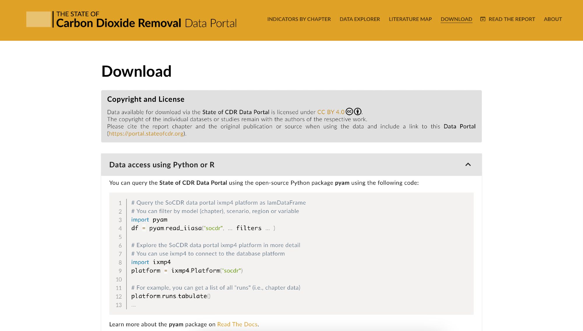 Screenshot of the page "Download", with a simple tutorial on how to query the data via the Python package pyam