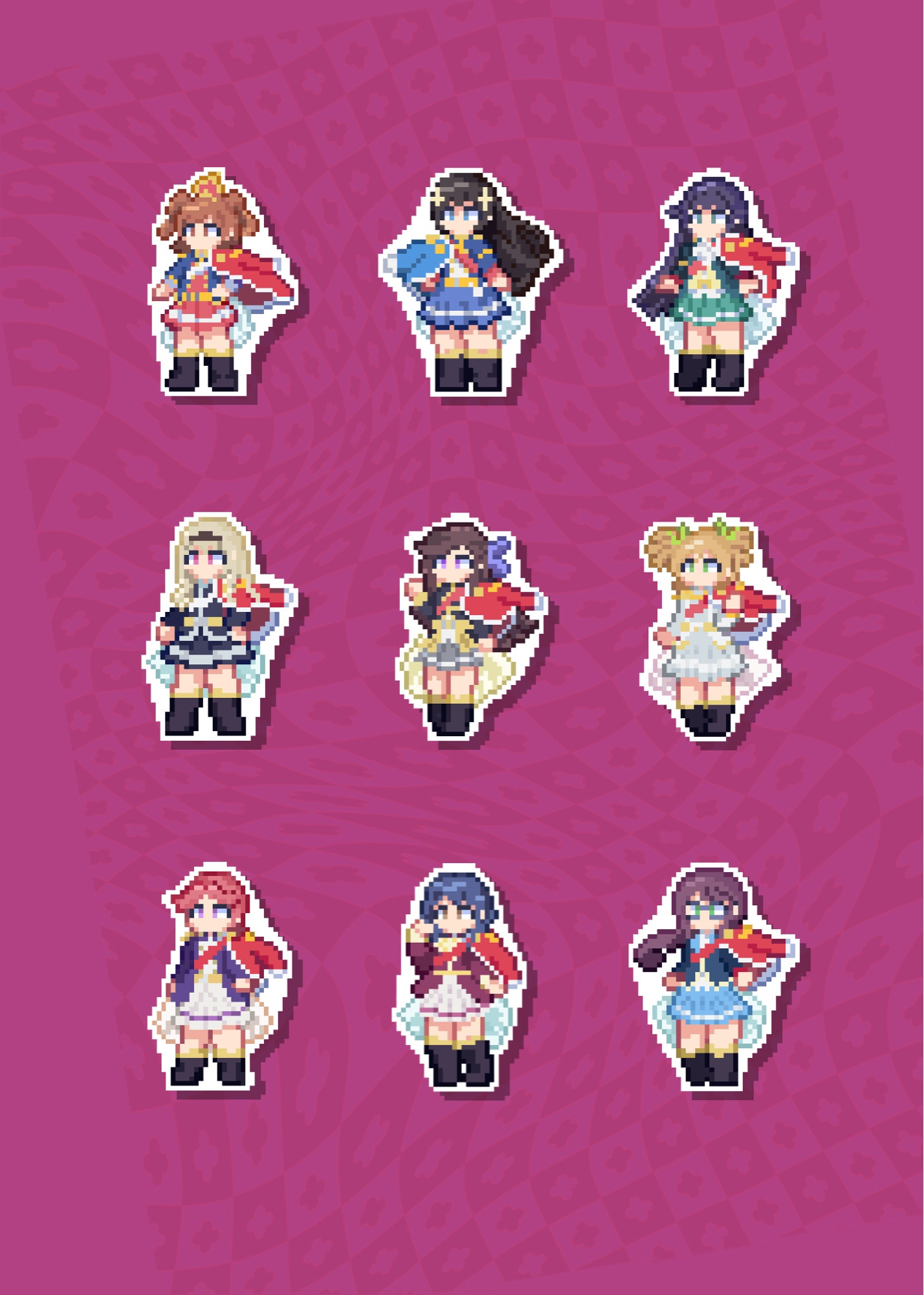 9 pixel art sprites of each of the main cast from Revue Starlight, placed in a grid atop a semi patterned purple red background