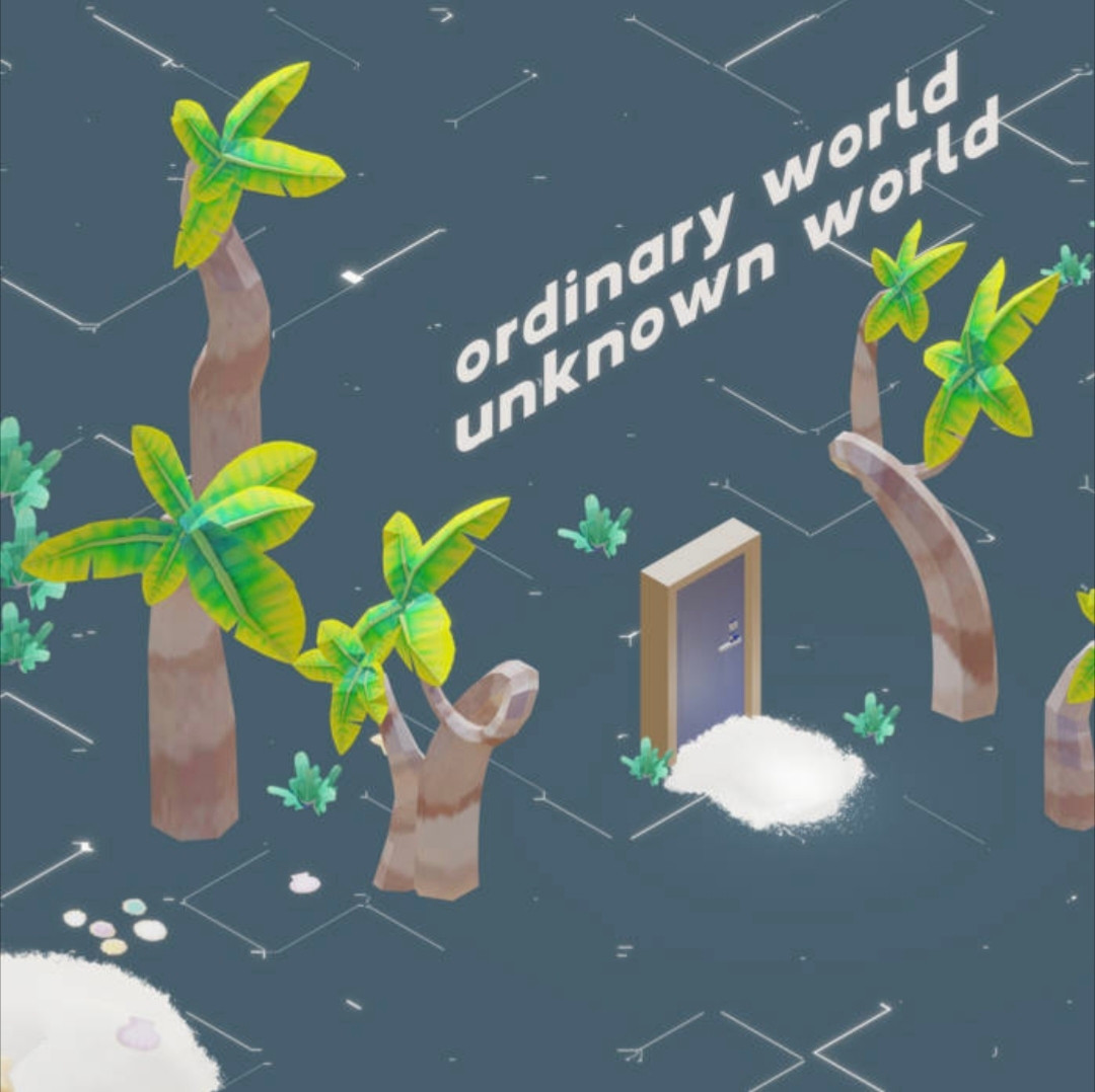 Album artwork for "ordinary world, unknown world", with a door placed in the middle of a digital void, a blue grey surface with circuit board traces scratched into the floor, and surrounded by palm trees, rocks and sand.